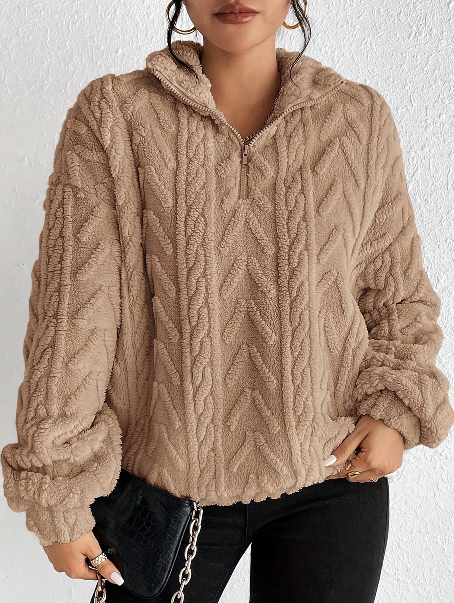 Double-sided plush zip-up pullover top