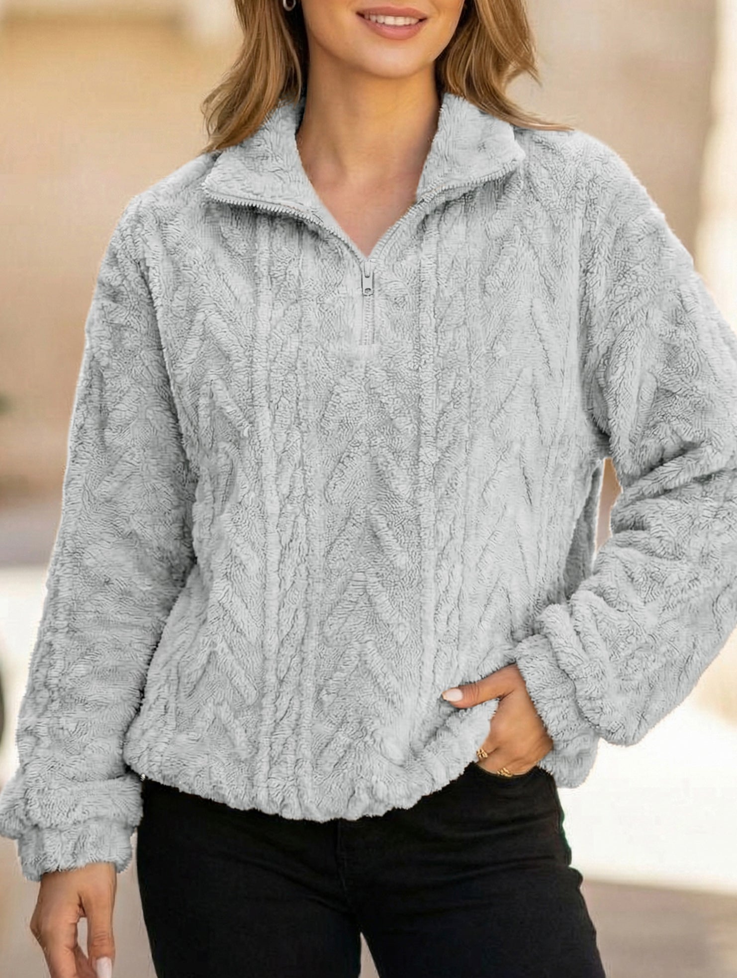 Double-sided plush zip-up pullover top