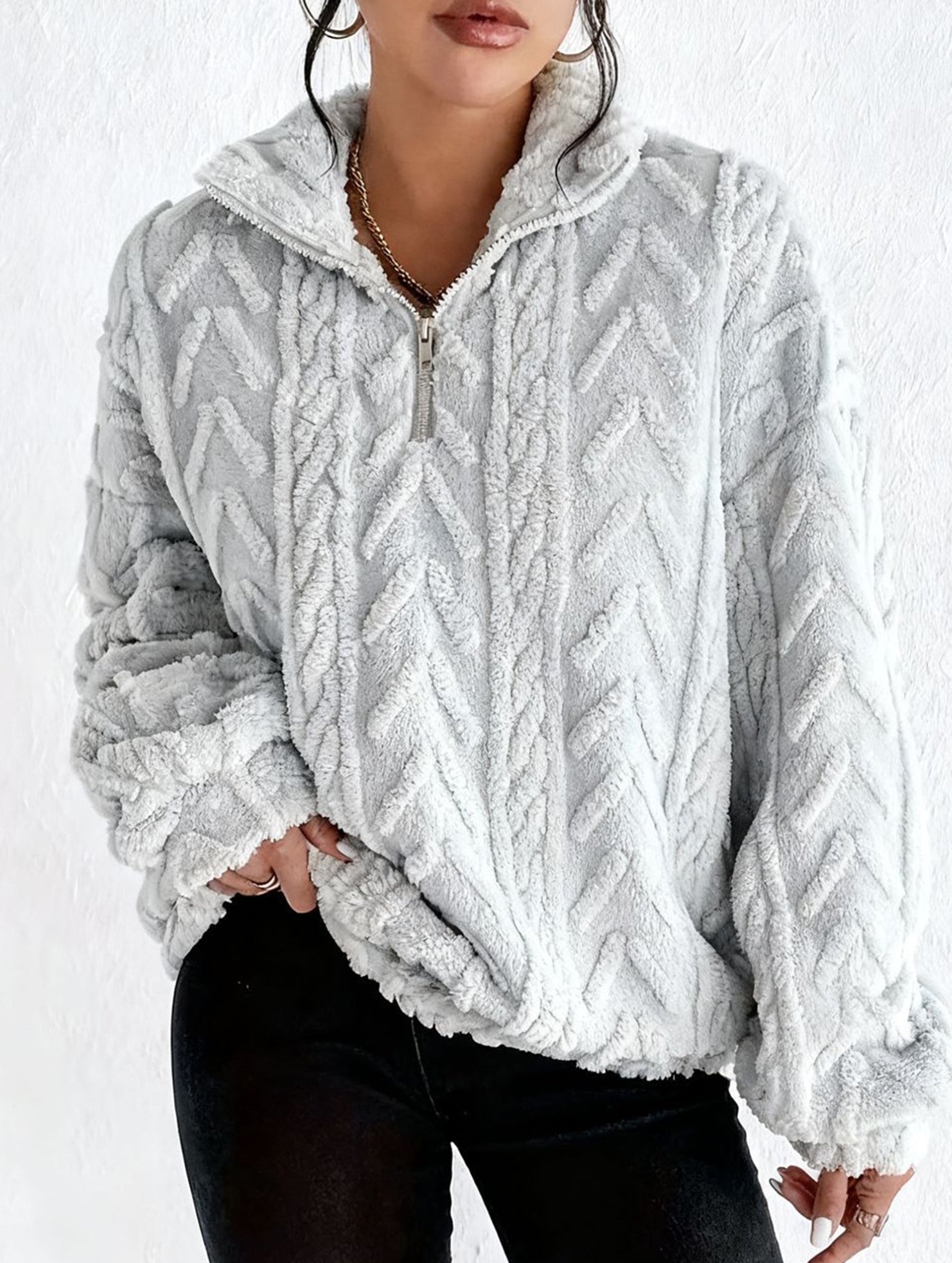Double-sided plush zip-up pullover top
