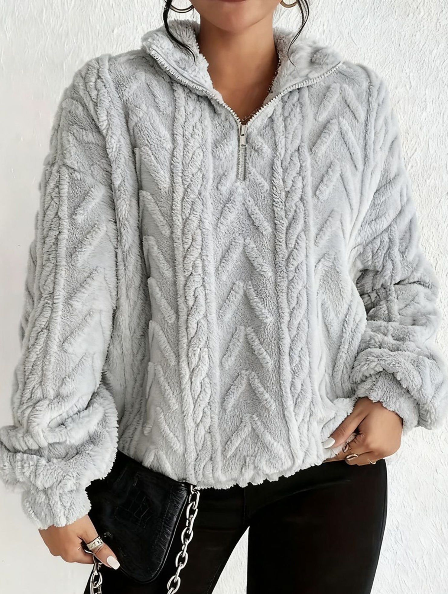 Double-sided plush zip-up pullover top