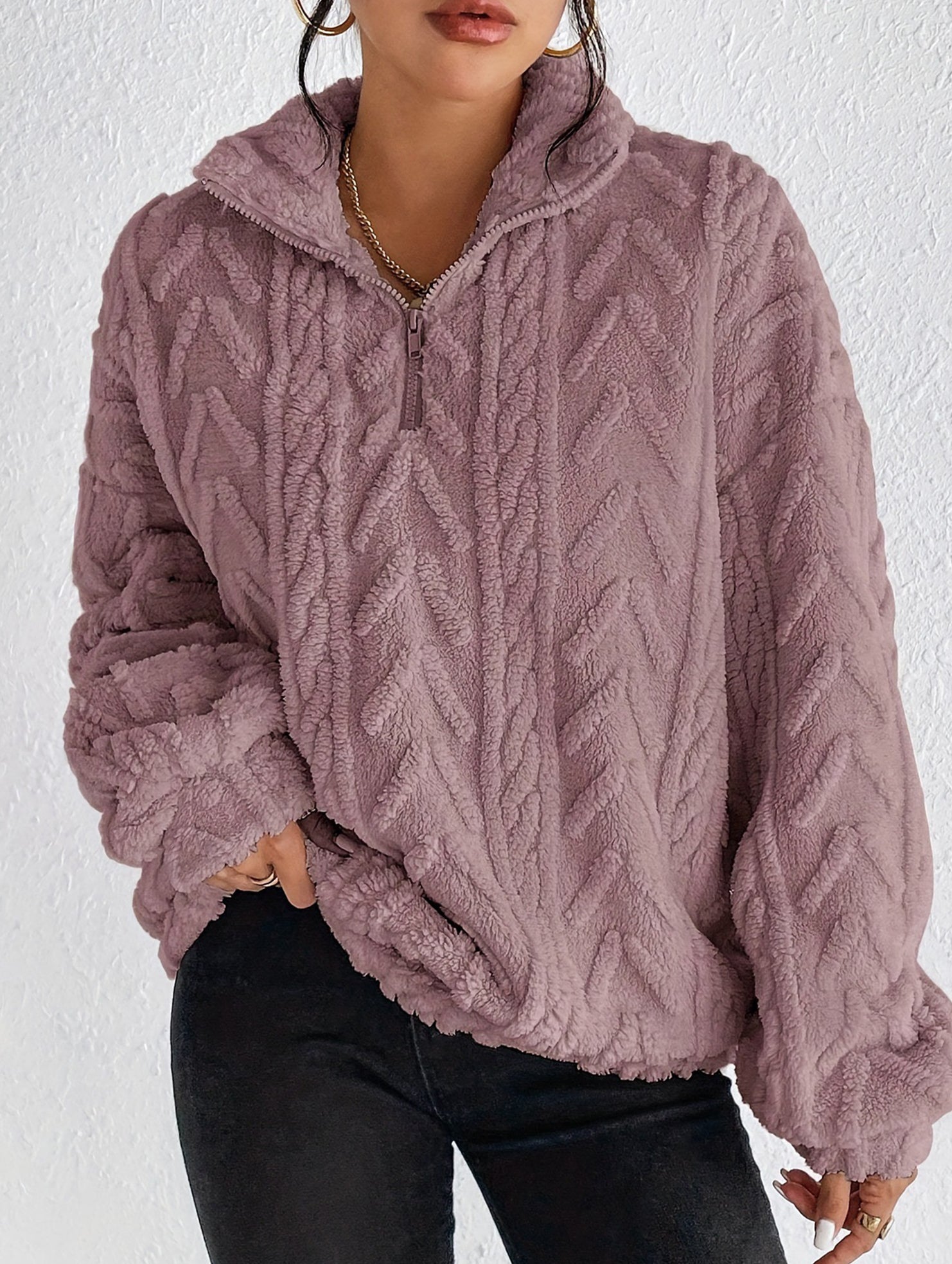 Double-sided plush zip-up pullover top