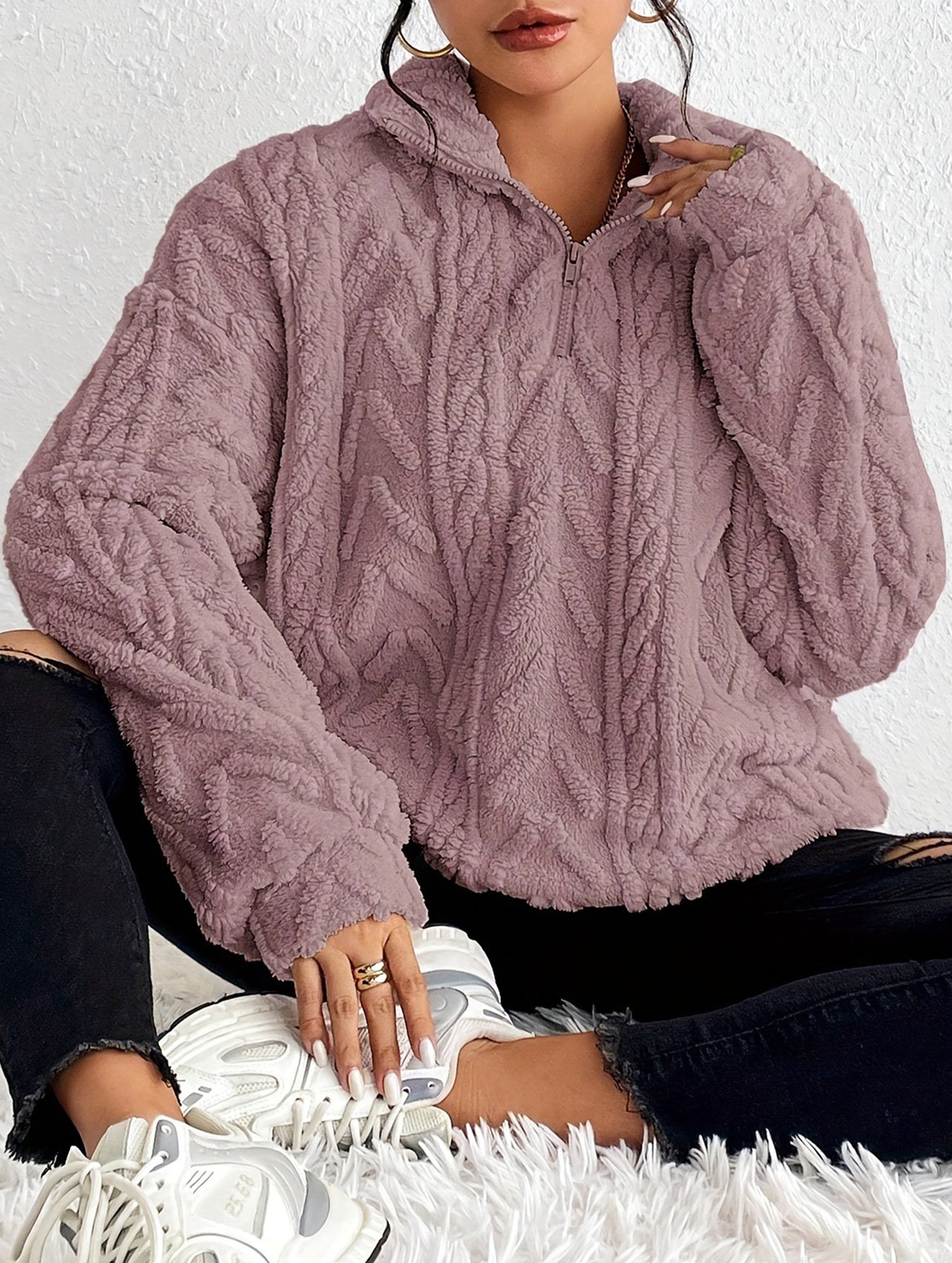 Double-sided plush zip-up pullover top
