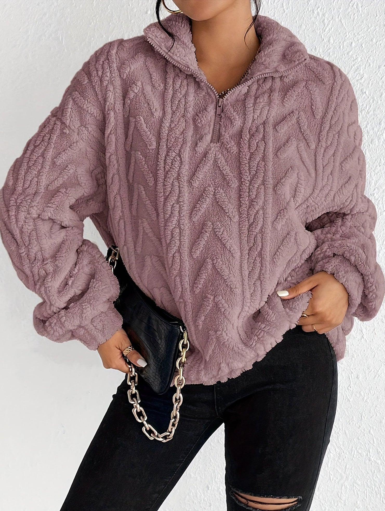 Double-sided plush zip-up pullover top