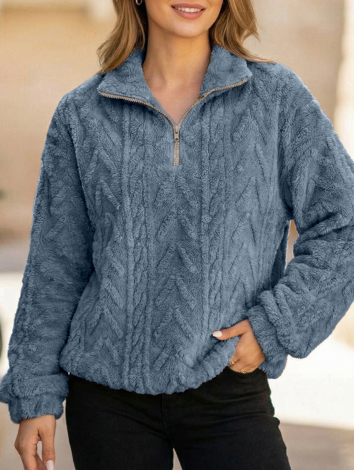 Double-sided plush zip-up pullover top