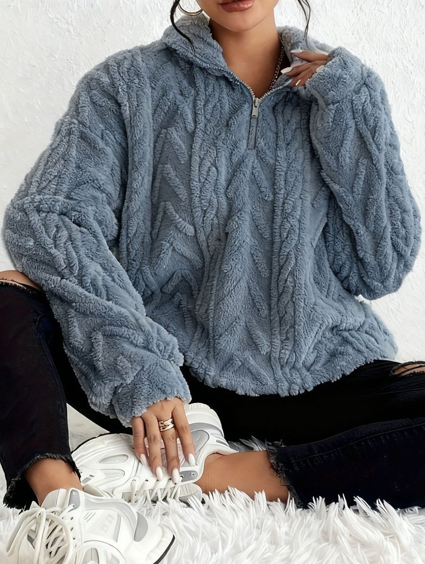 Double-sided plush zip-up pullover top