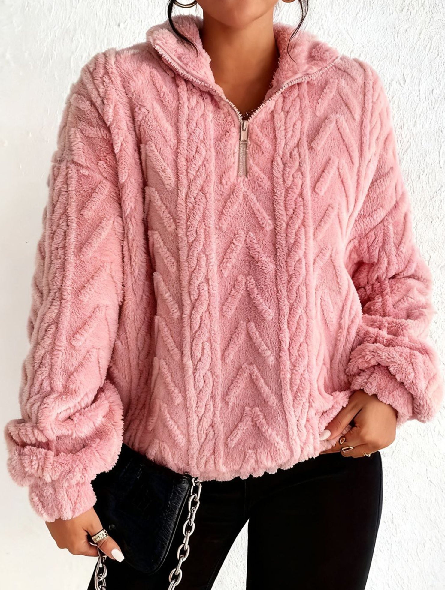 Double-sided plush zip-up pullover top