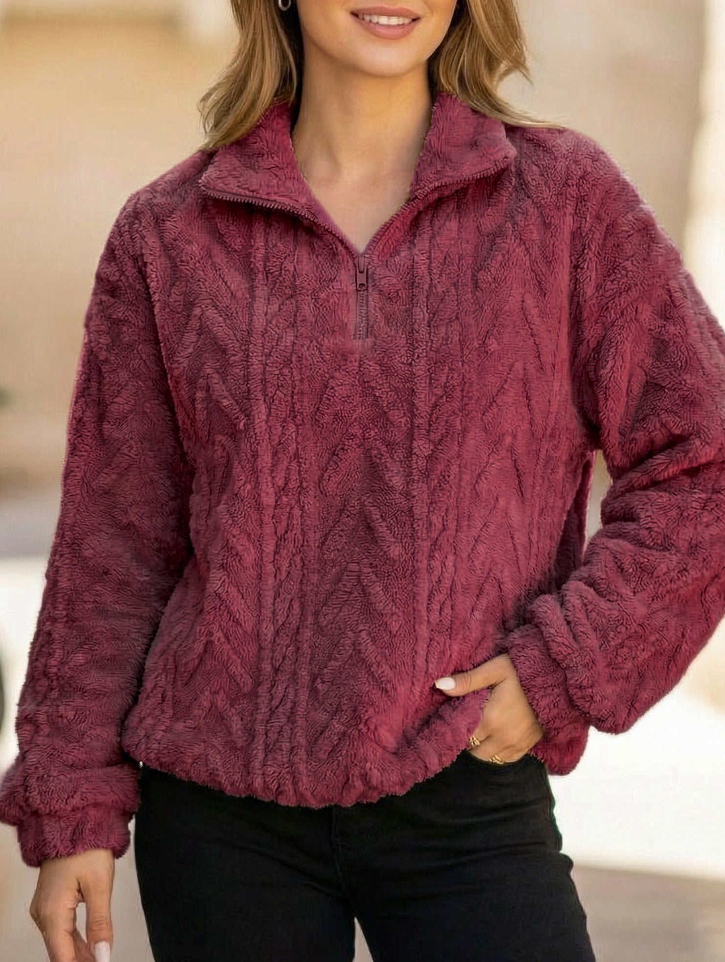 Double-sided plush zip-up pullover top