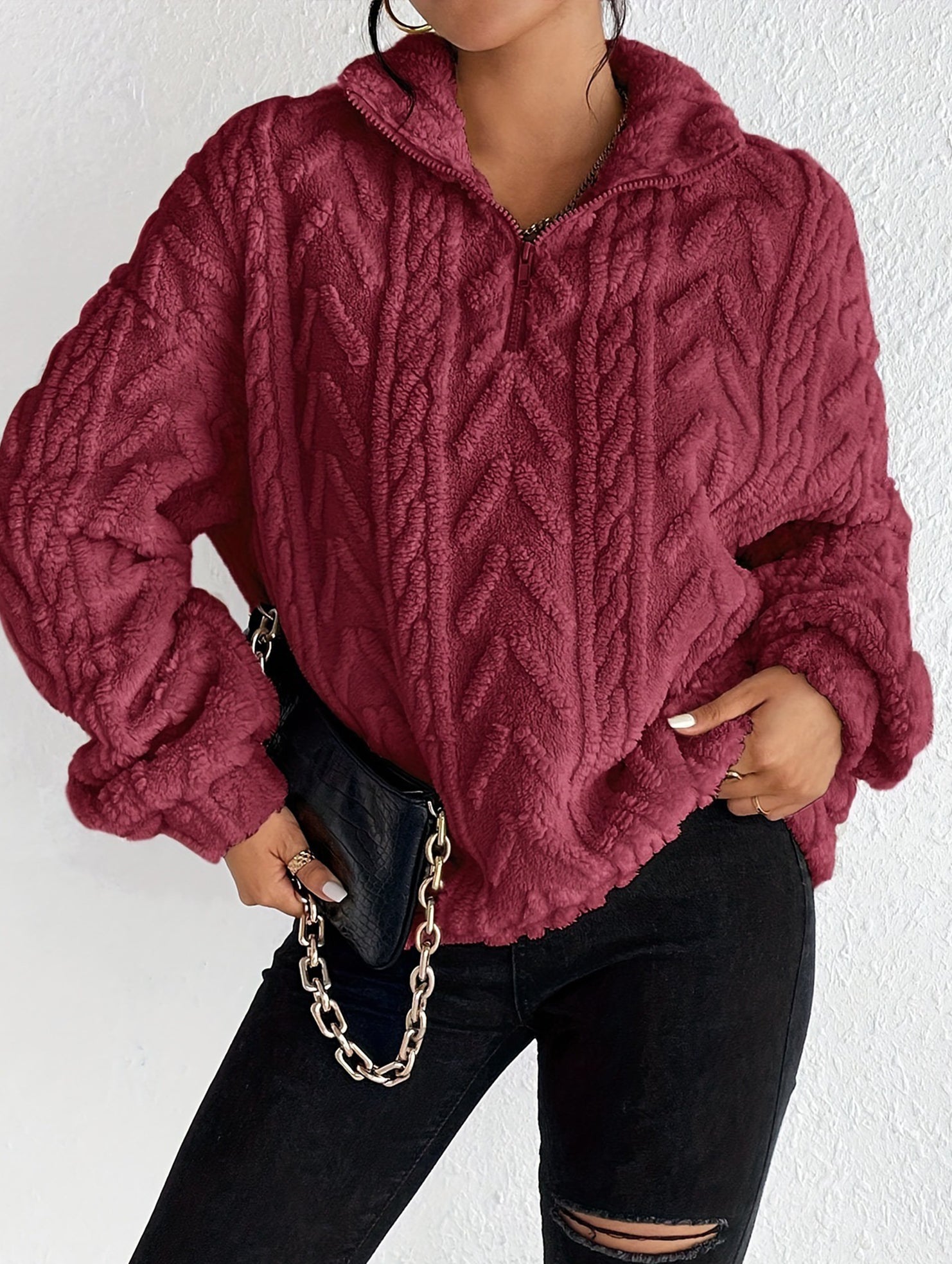 Double-sided plush zip-up pullover top
