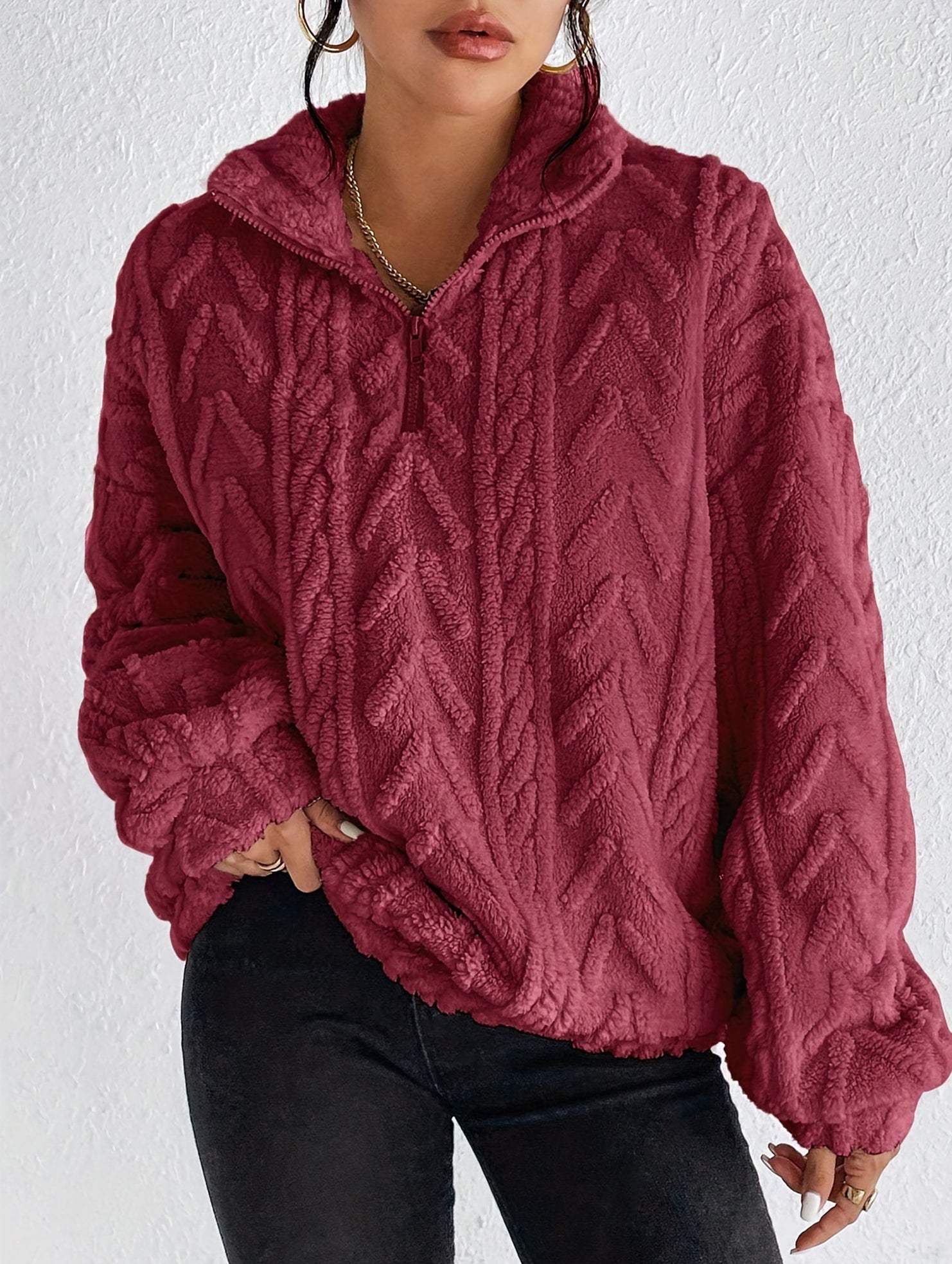 Double-sided plush zip-up pullover top