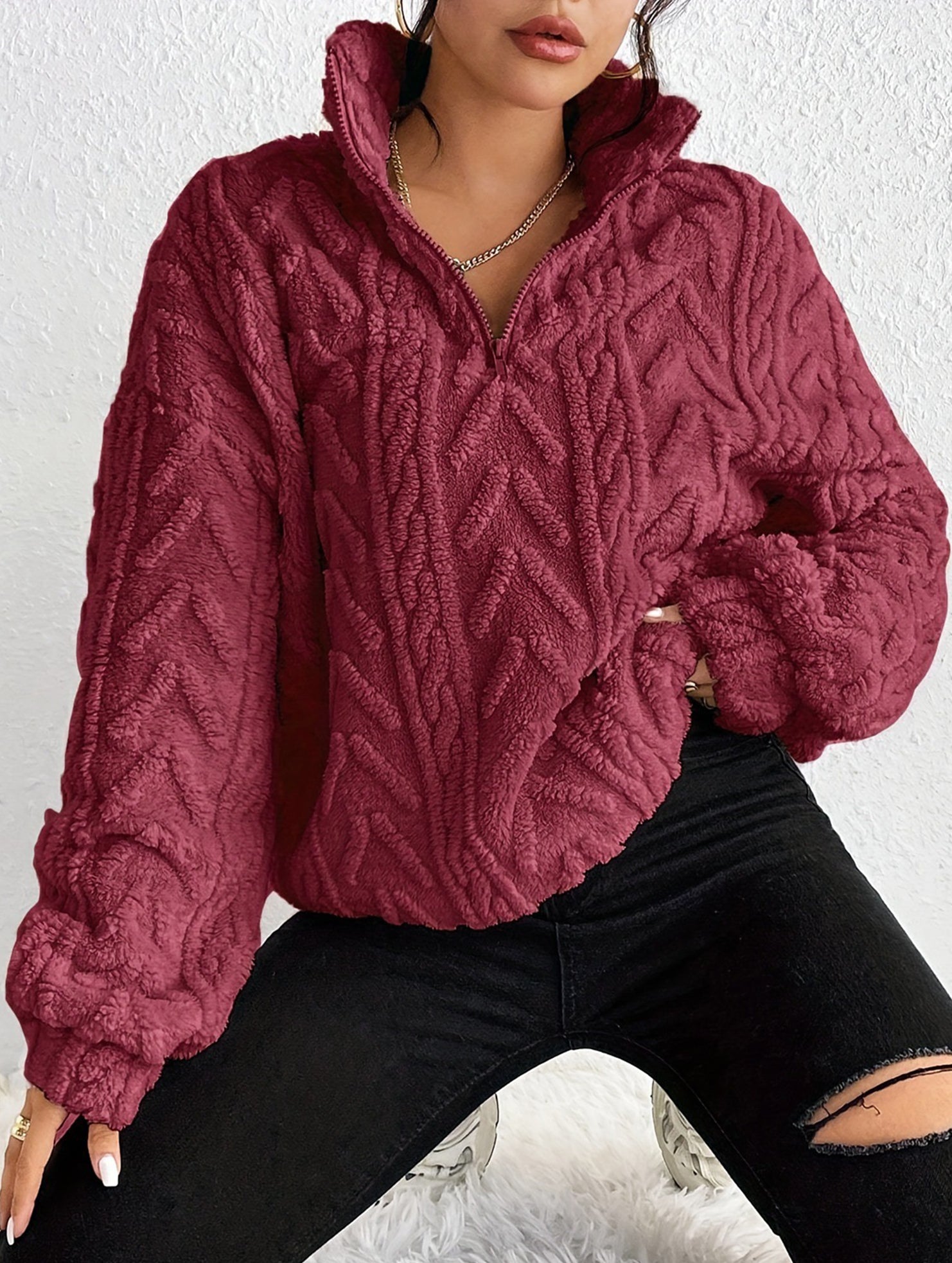 Double-sided plush zip-up pullover top