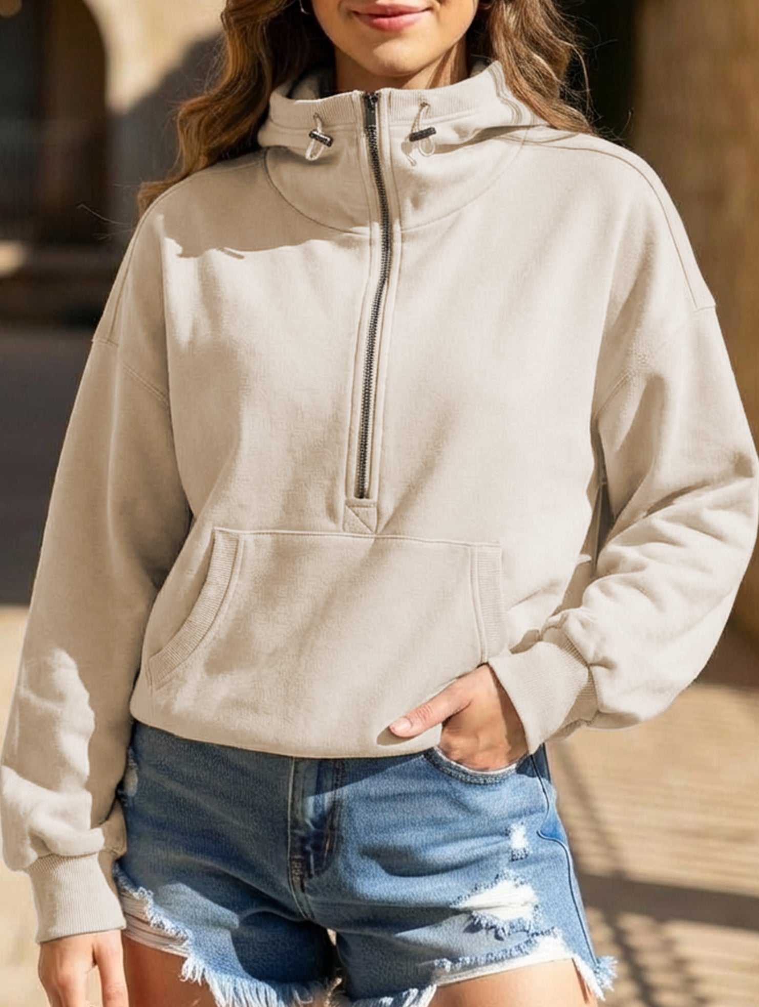 Zipper drawstring long-sleeved hoodie