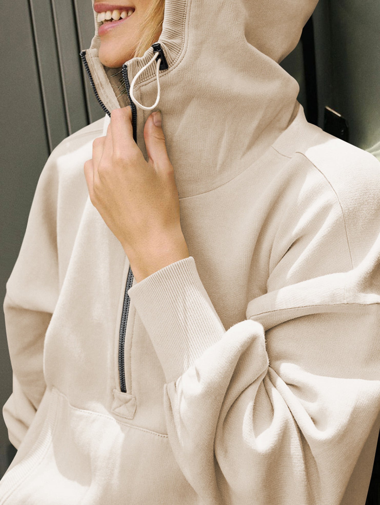 Zipper drawstring long-sleeved hoodie