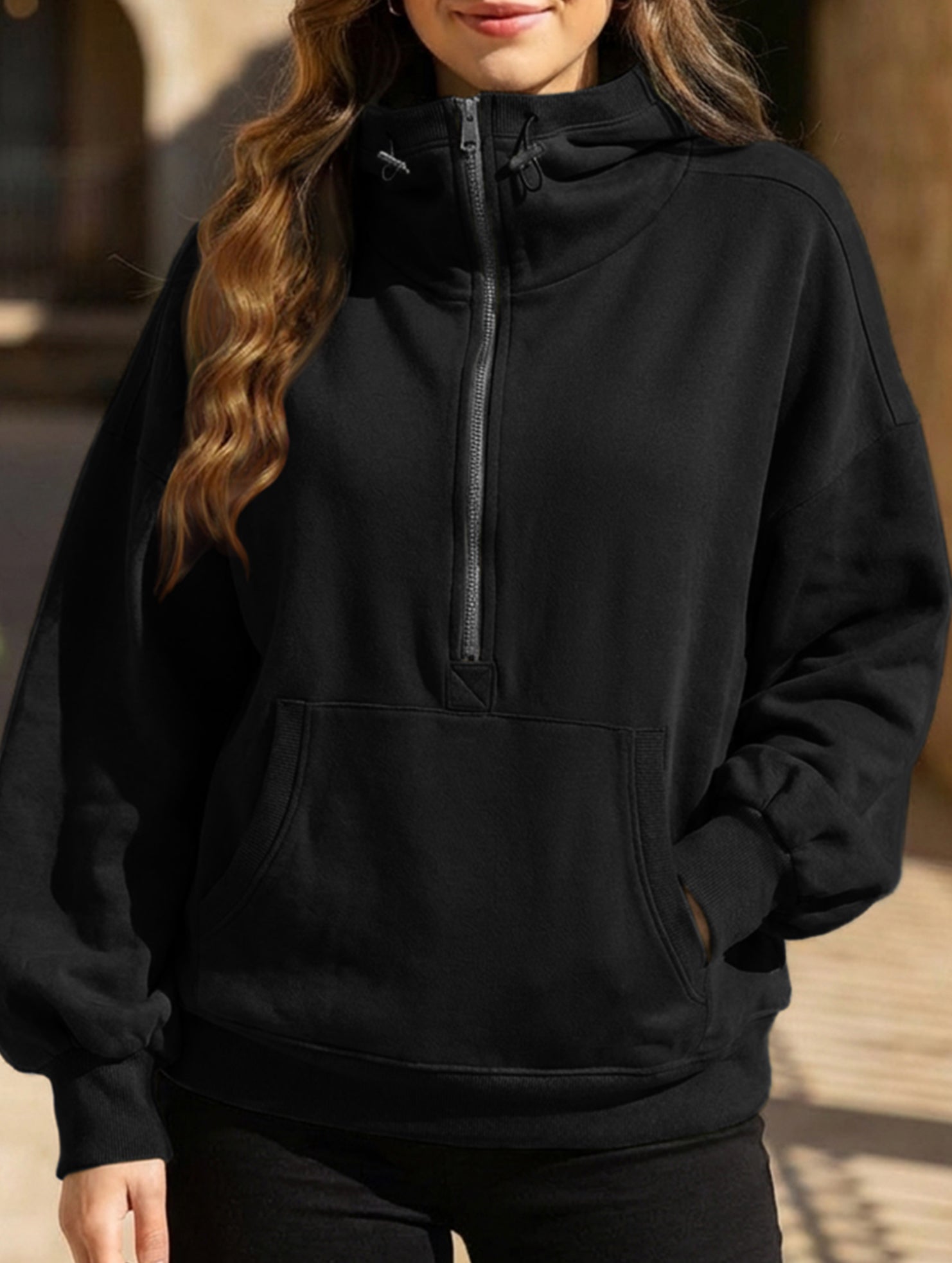 Zipper drawstring long-sleeved hoodie