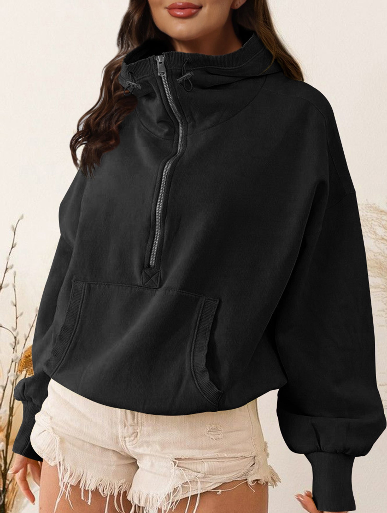 Zipper drawstring long-sleeved hoodie