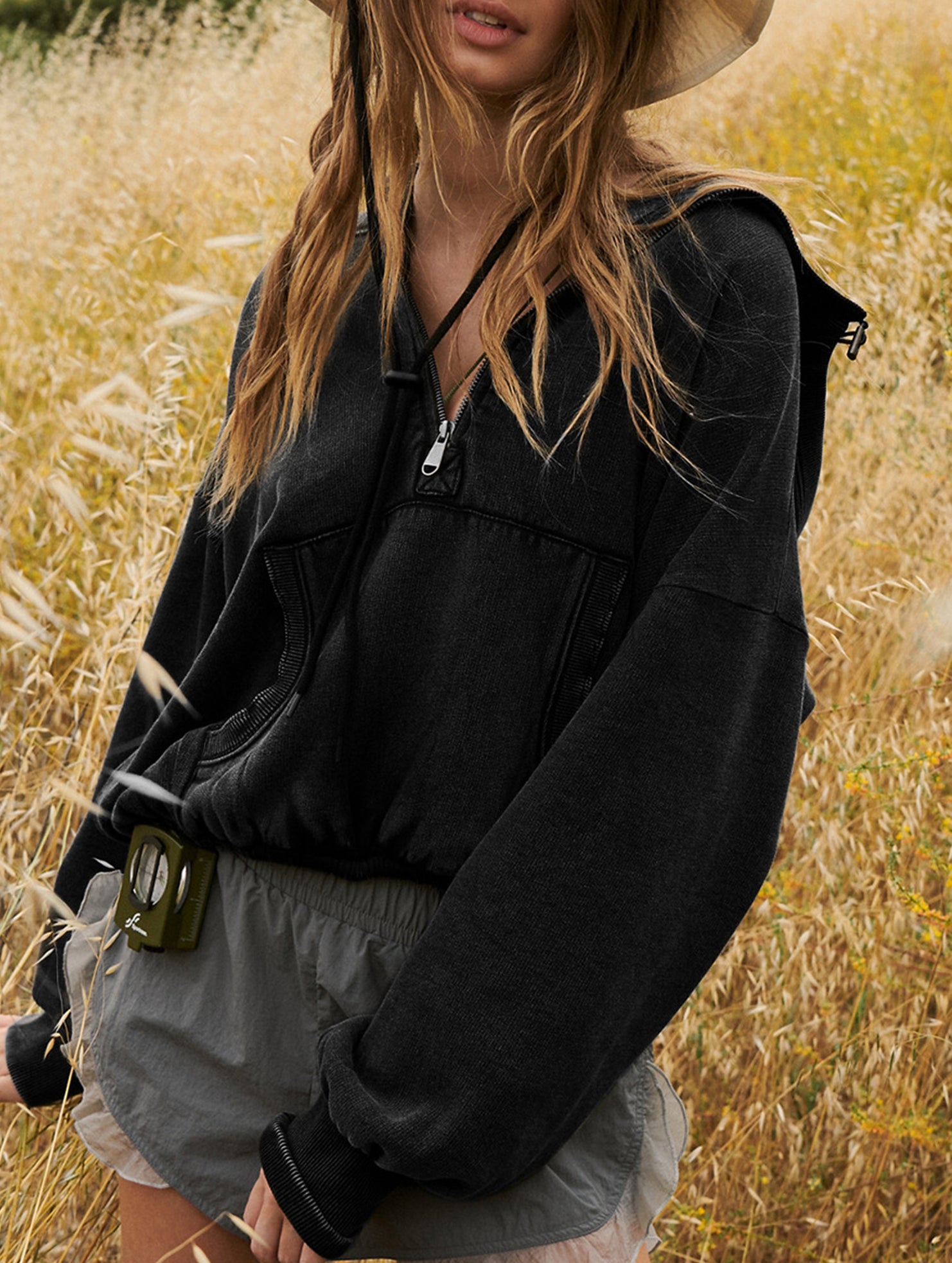 Zipper drawstring long-sleeved hoodie