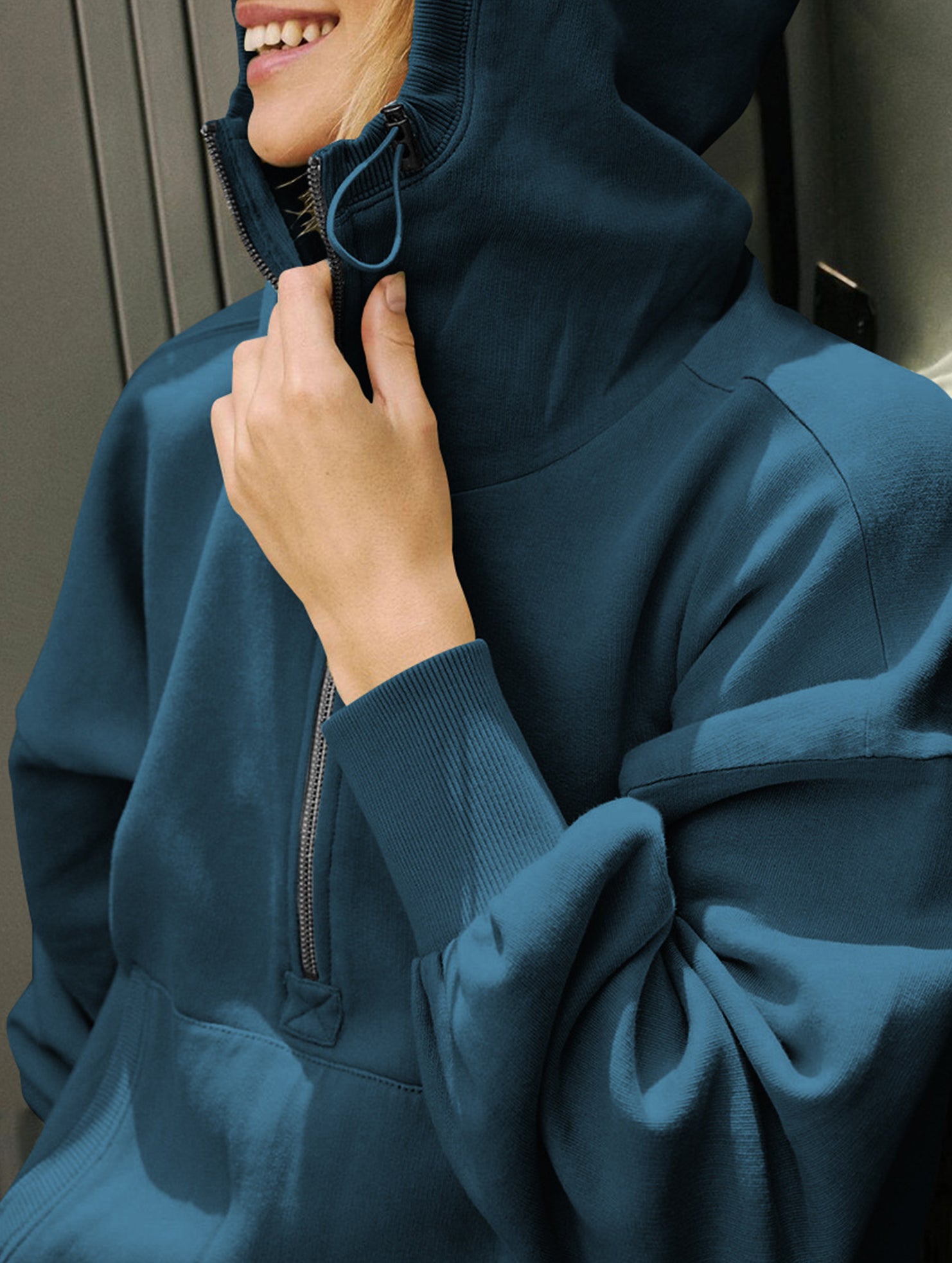 Zipper drawstring long-sleeved hoodie