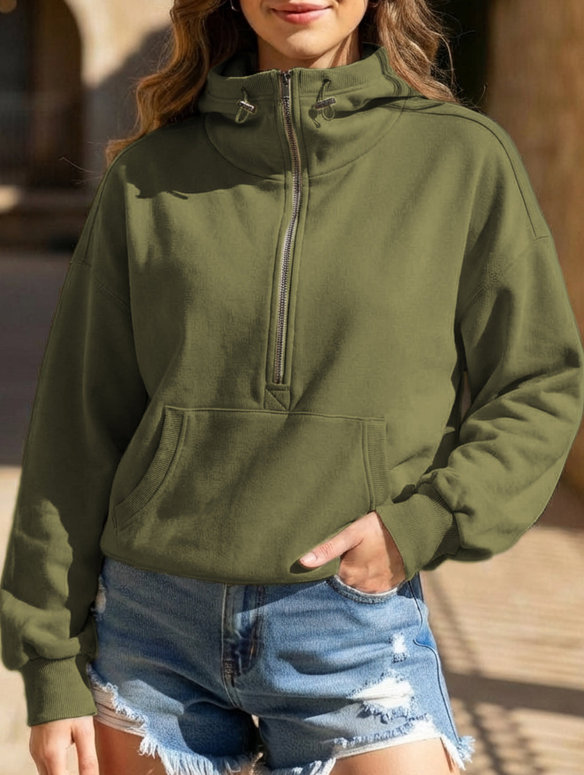 Zipper drawstring long-sleeved hoodie