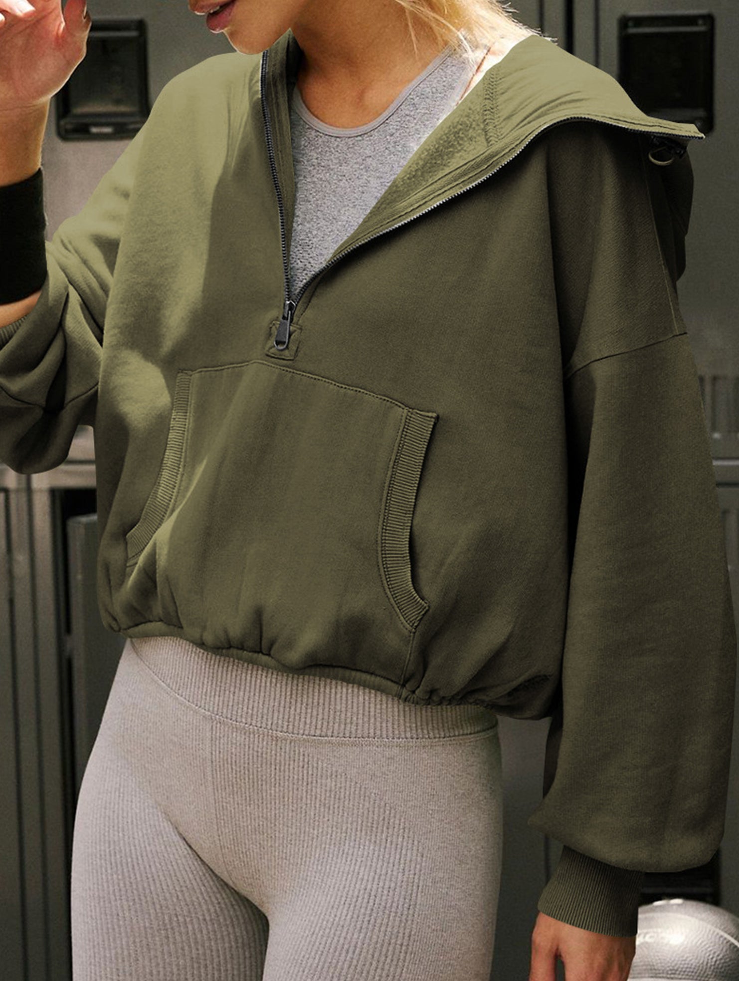 Zipper drawstring long-sleeved hoodie