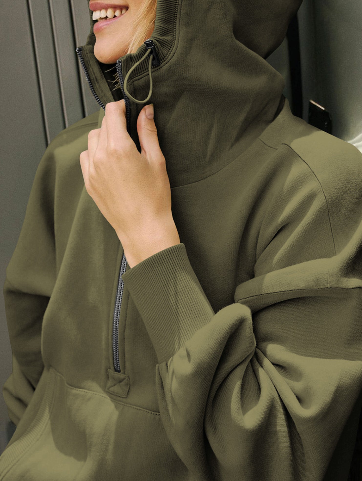 Zipper drawstring long-sleeved hoodie