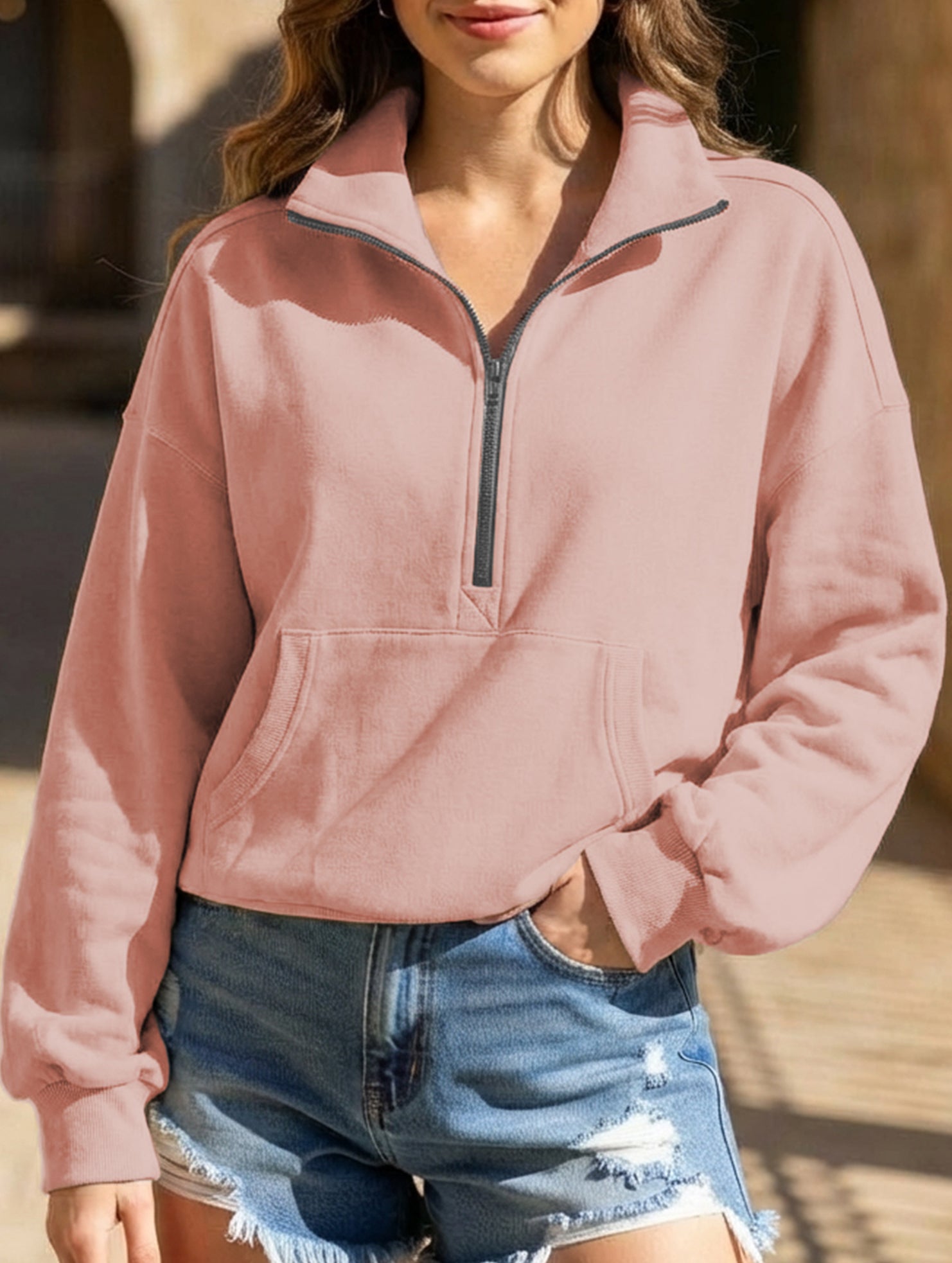Zipper drawstring long-sleeved hoodie