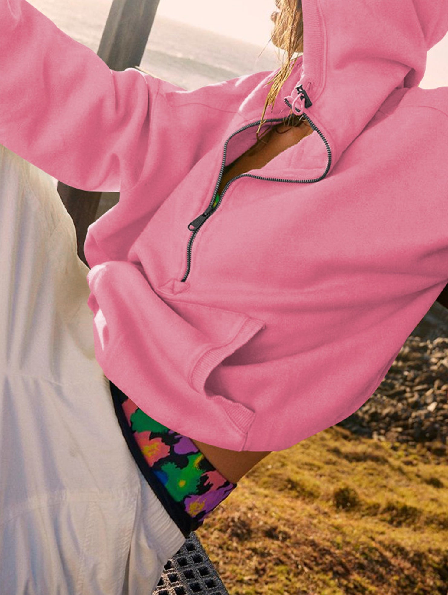 Zipper drawstring long-sleeved hoodie