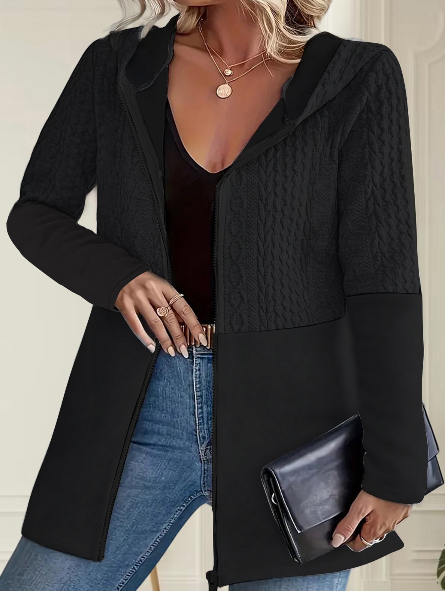 Solid Color Hooded Loose Fit Jacket for Women