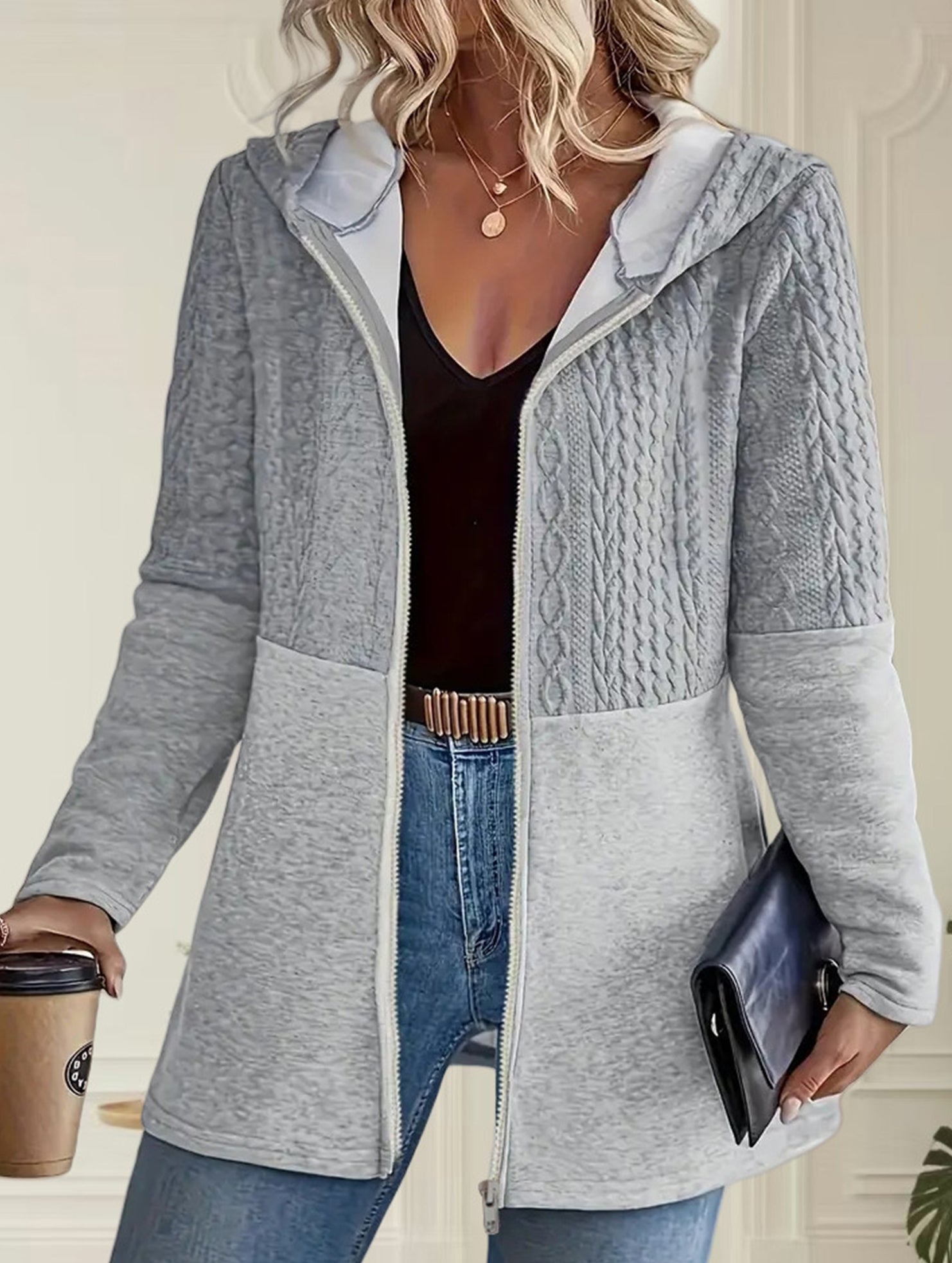 Solid Color Hooded Loose Fit Jacket for Women
