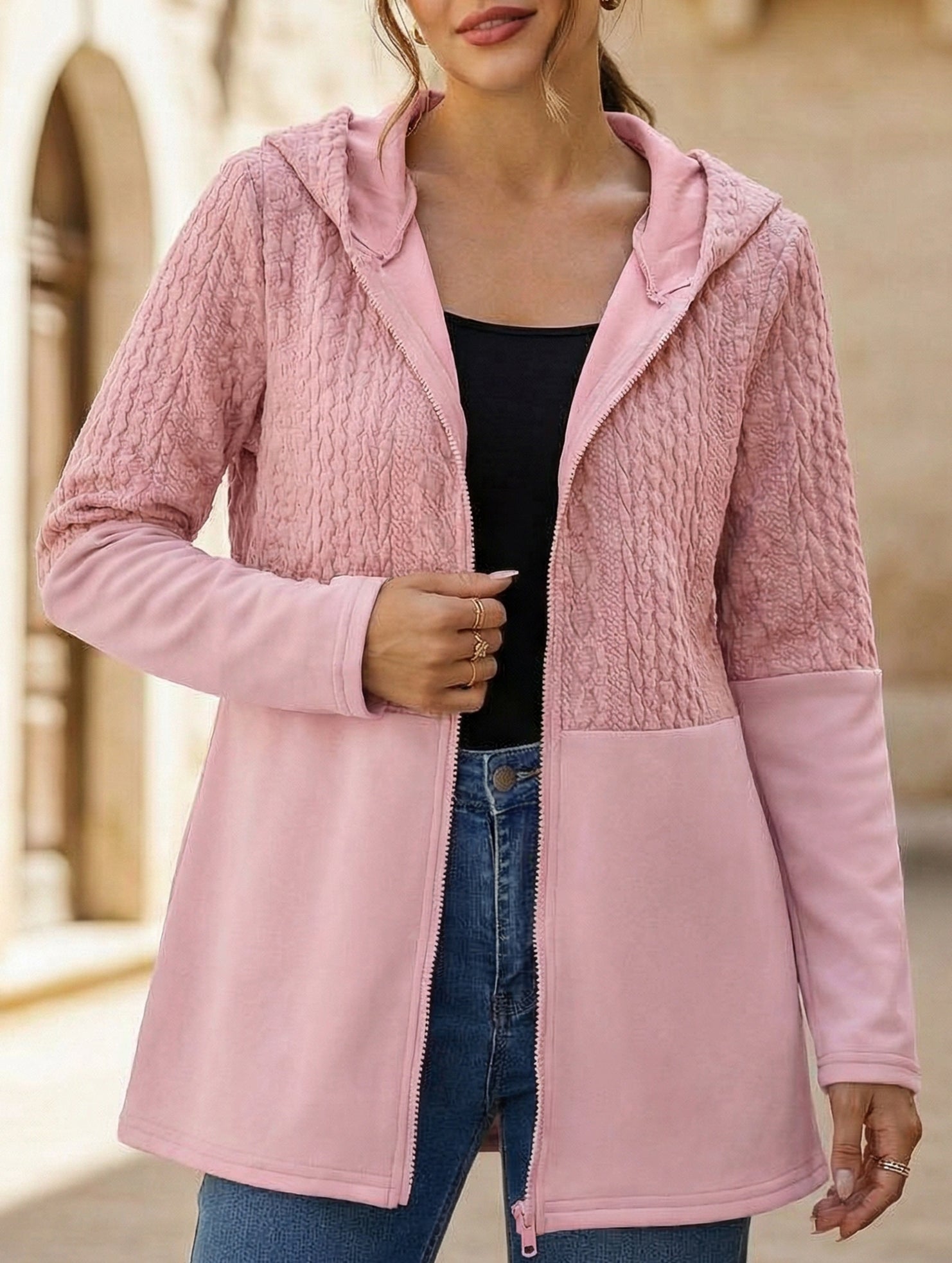 Solid Color Hooded Loose Fit Jacket for Women