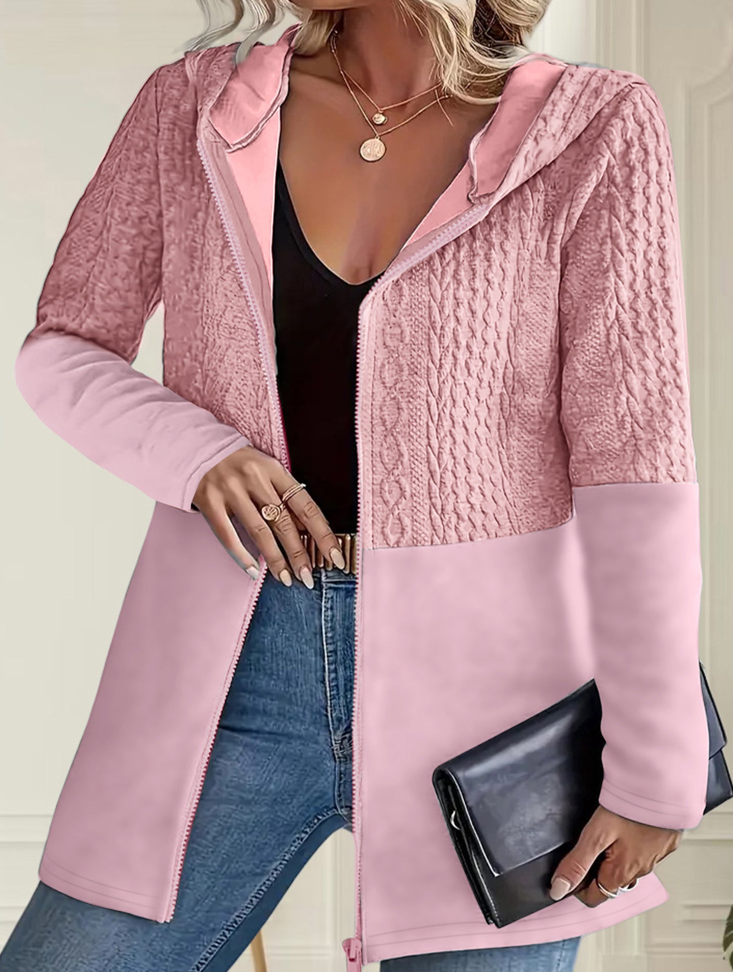 Solid Color Hooded Loose Fit Jacket for Women