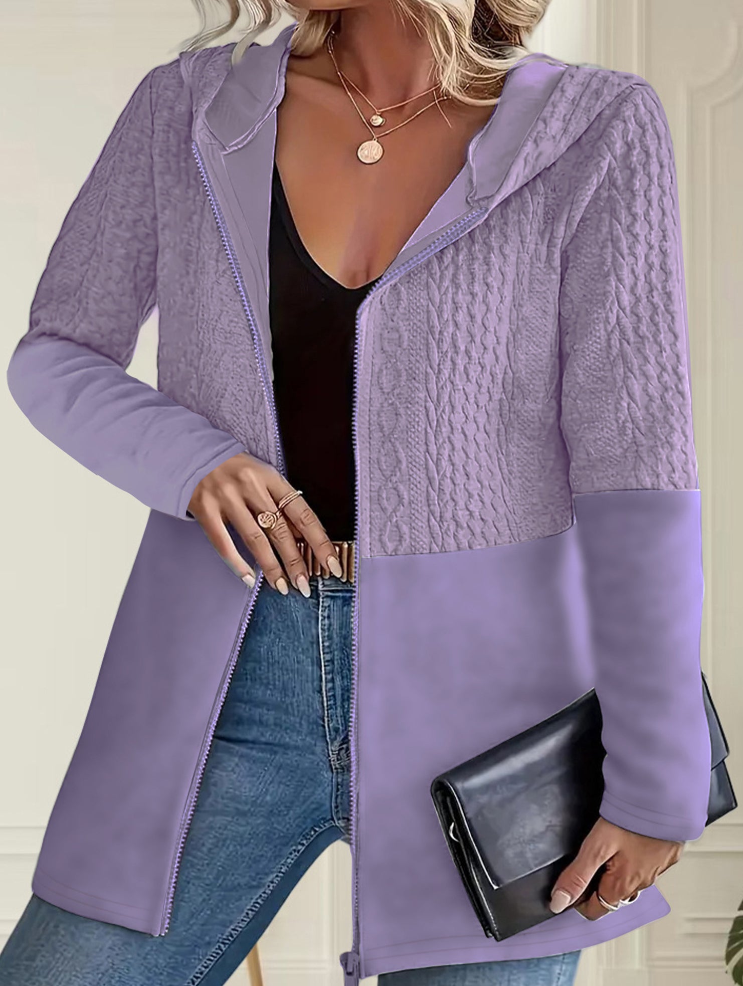 Solid Color Hooded Loose Fit Jacket for Women