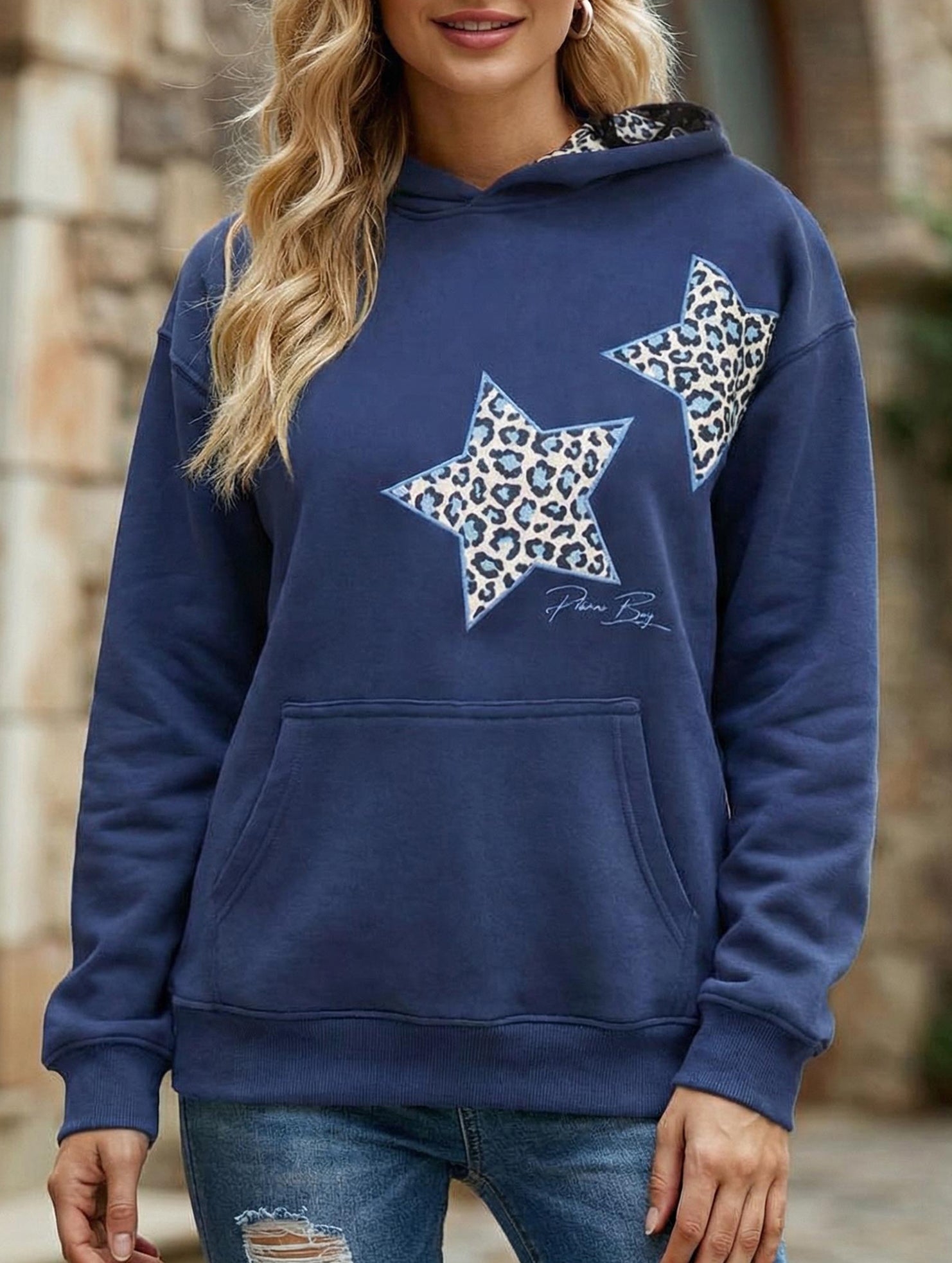 Star Embroidered Hooded Loose Sweatshirt