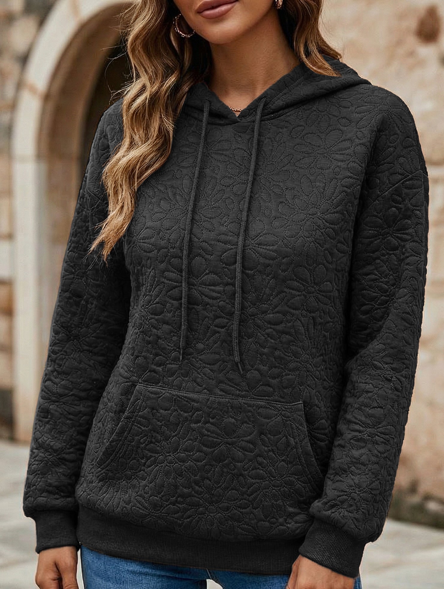 Textured Hooded Long Sleeve Sweatshirt_CWOHOL00811