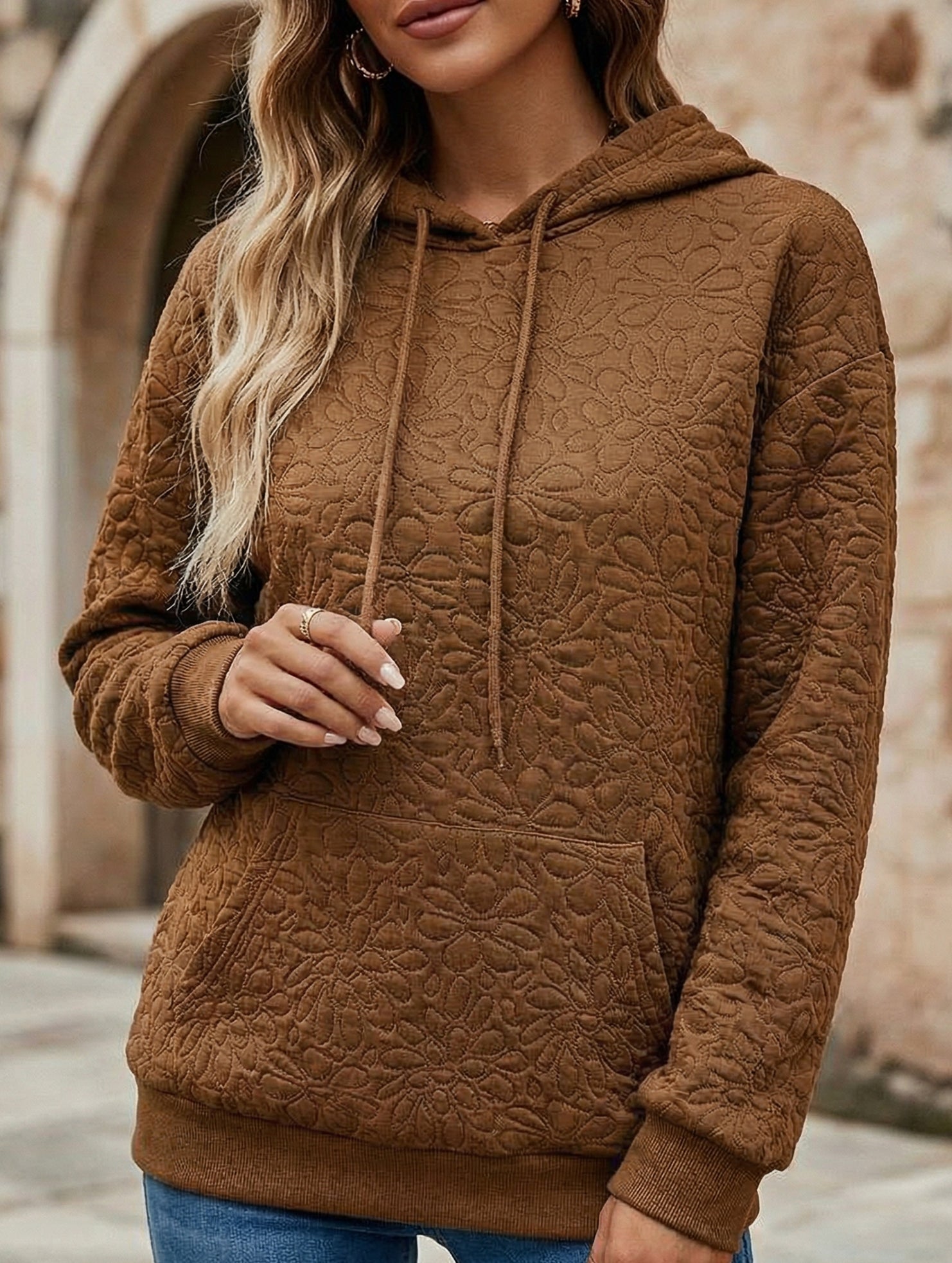 Textured Hooded Long Sleeve Sweatshirt_CWOHOL00811