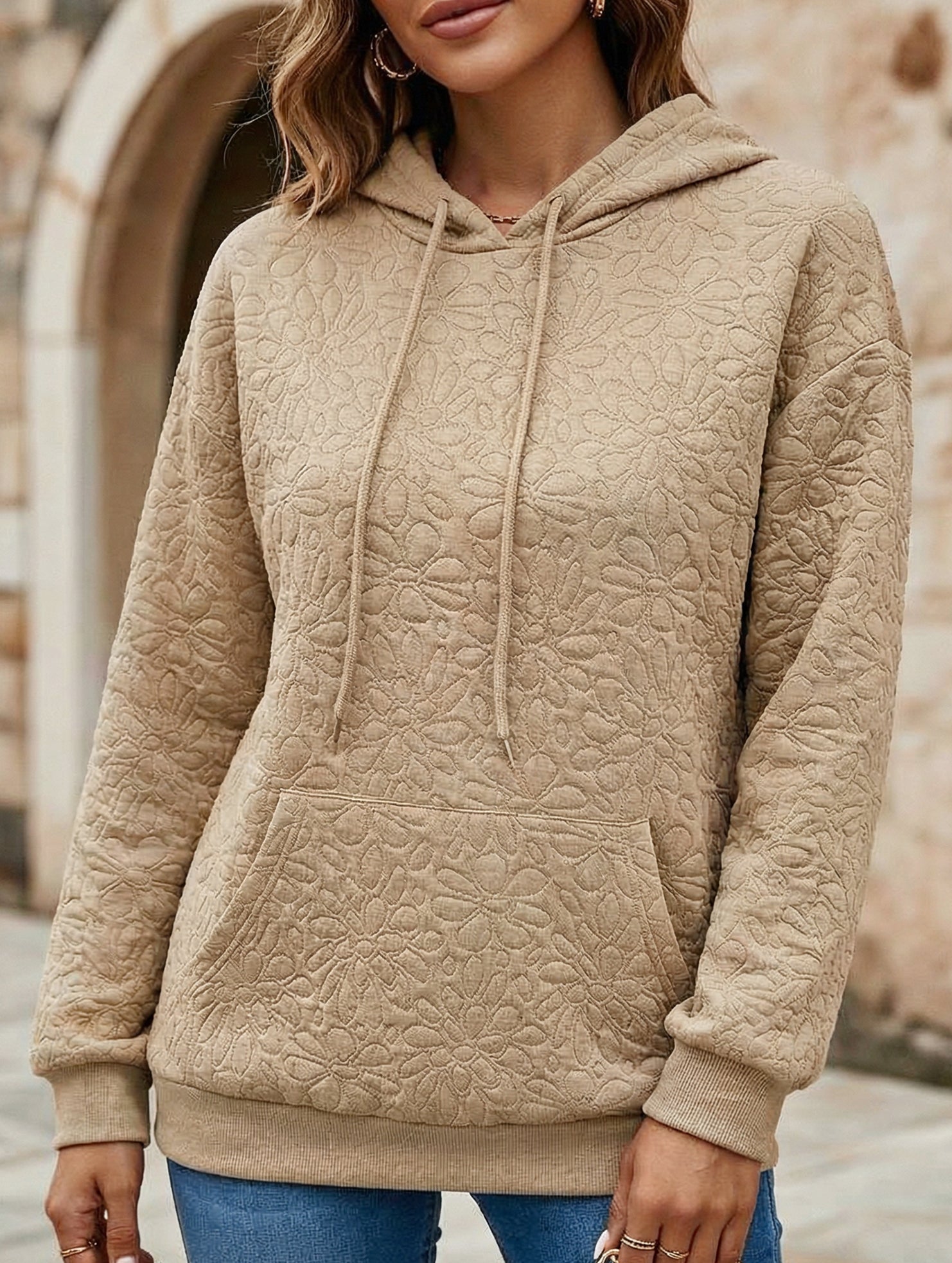 Textured Hooded Long Sleeve Sweatshirt_CWOHOL00811