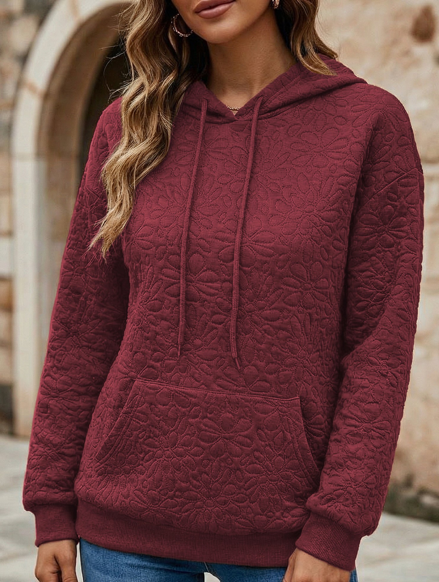 Textured Hooded Long Sleeve Sweatshirt_CWOHOL00811