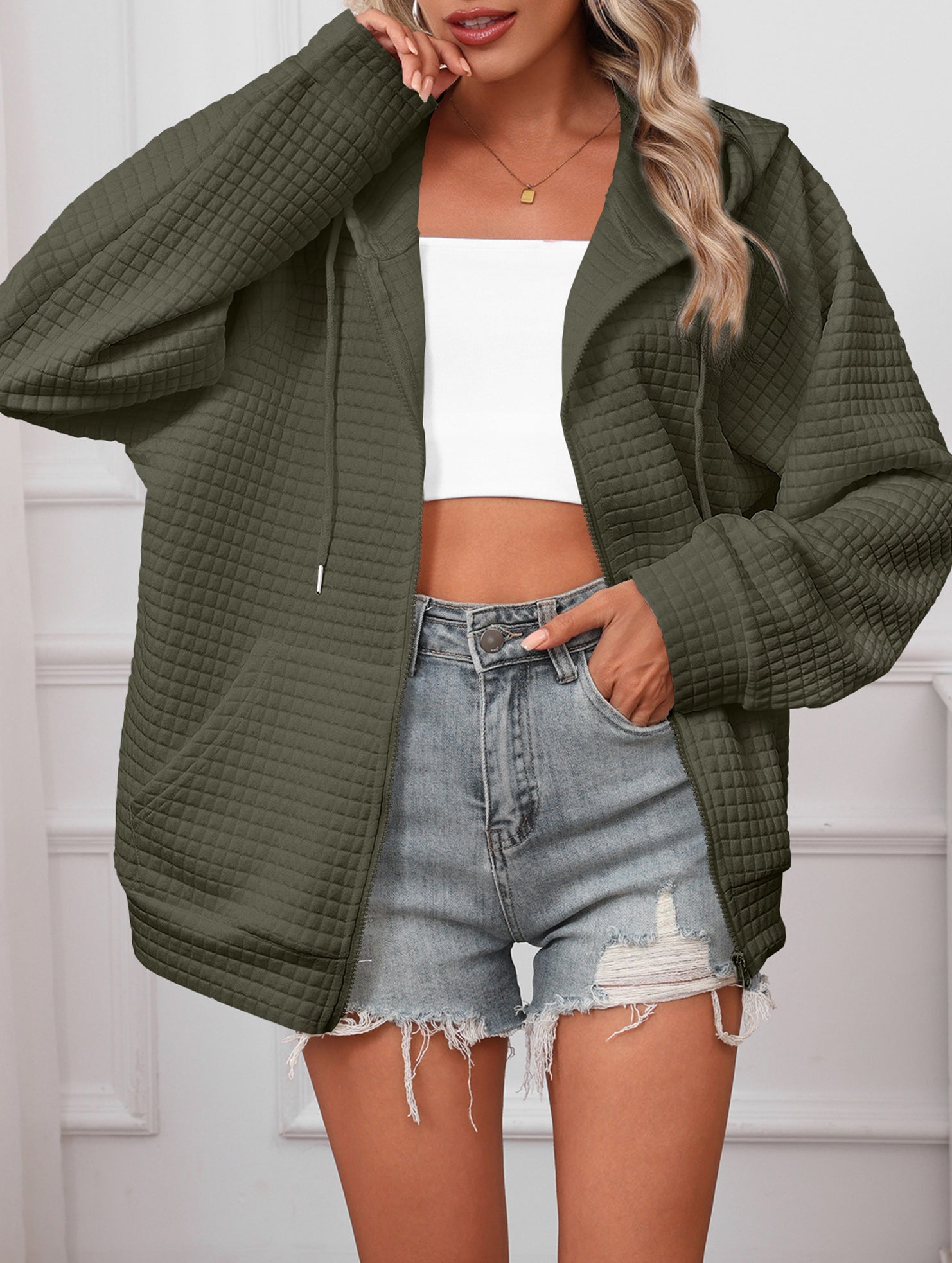 Waffle Zip Hooded Casual Jacket_CWOHOL00812