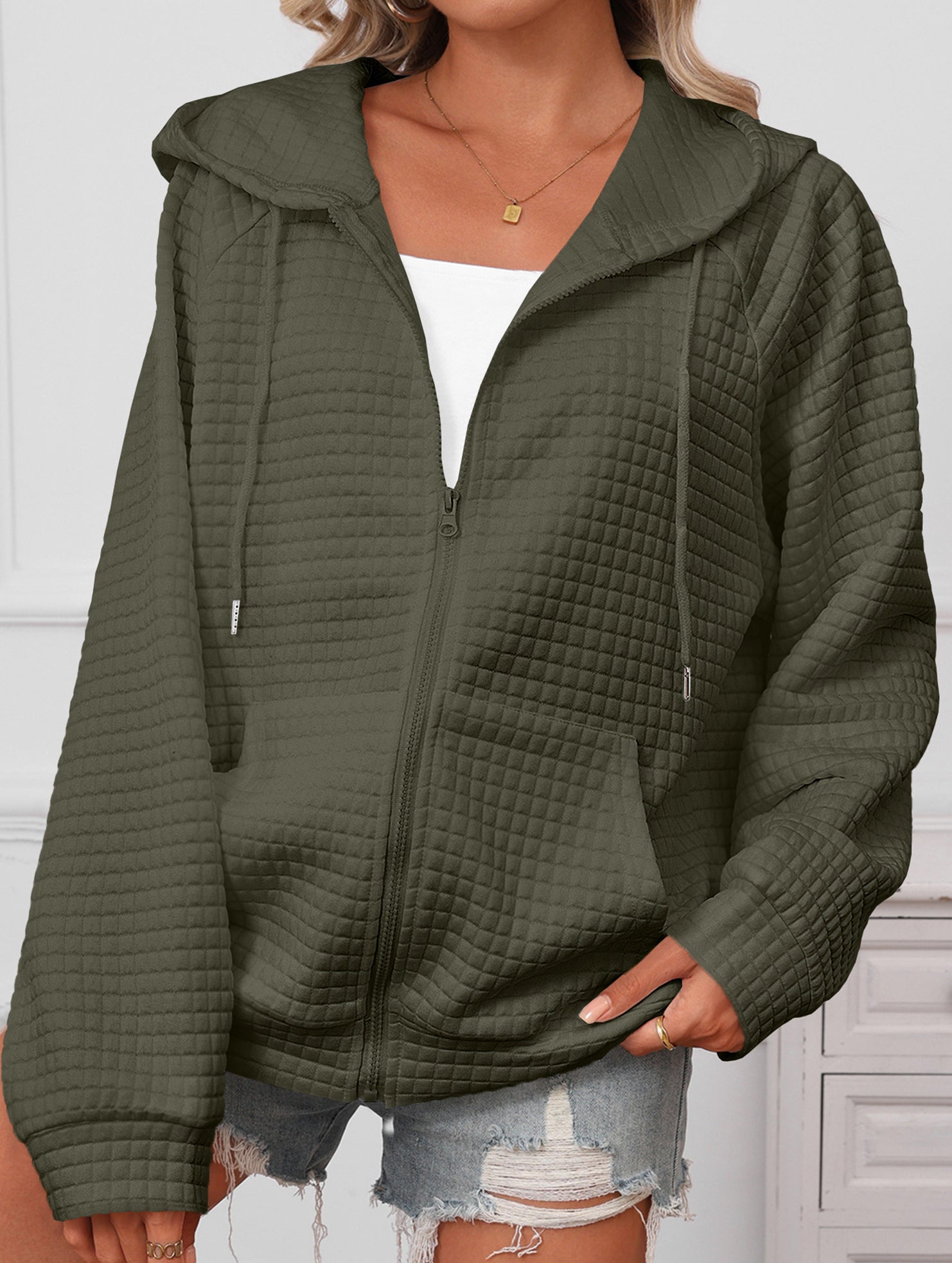 Waffle Zip Hooded Casual Jacket_CWOHOL00812