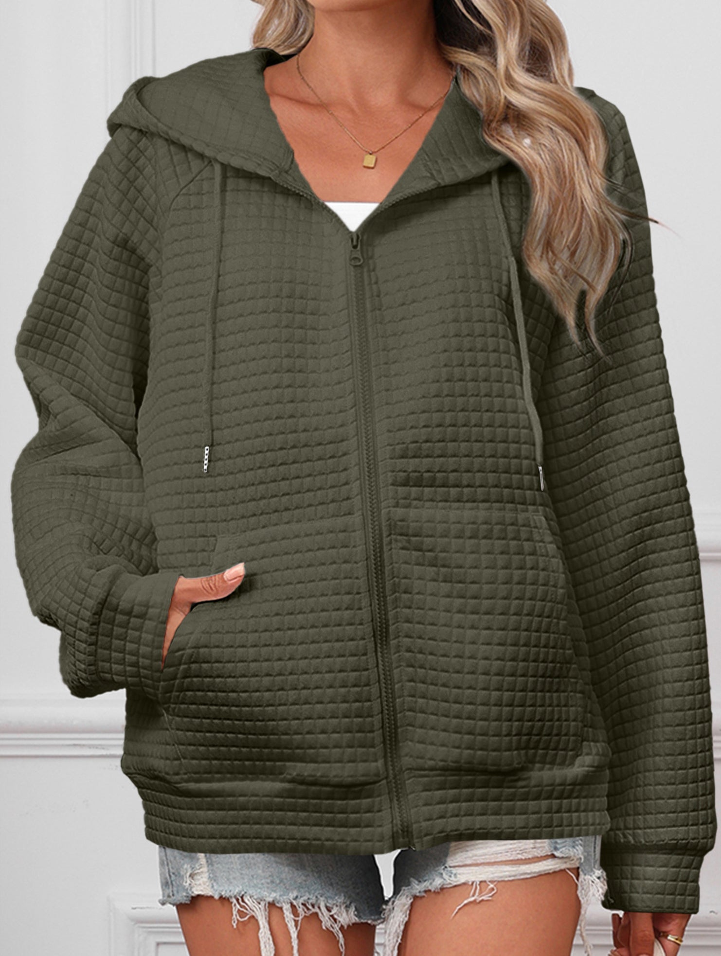 Waffle Zip Hooded Casual Jacket_CWOHOL00812