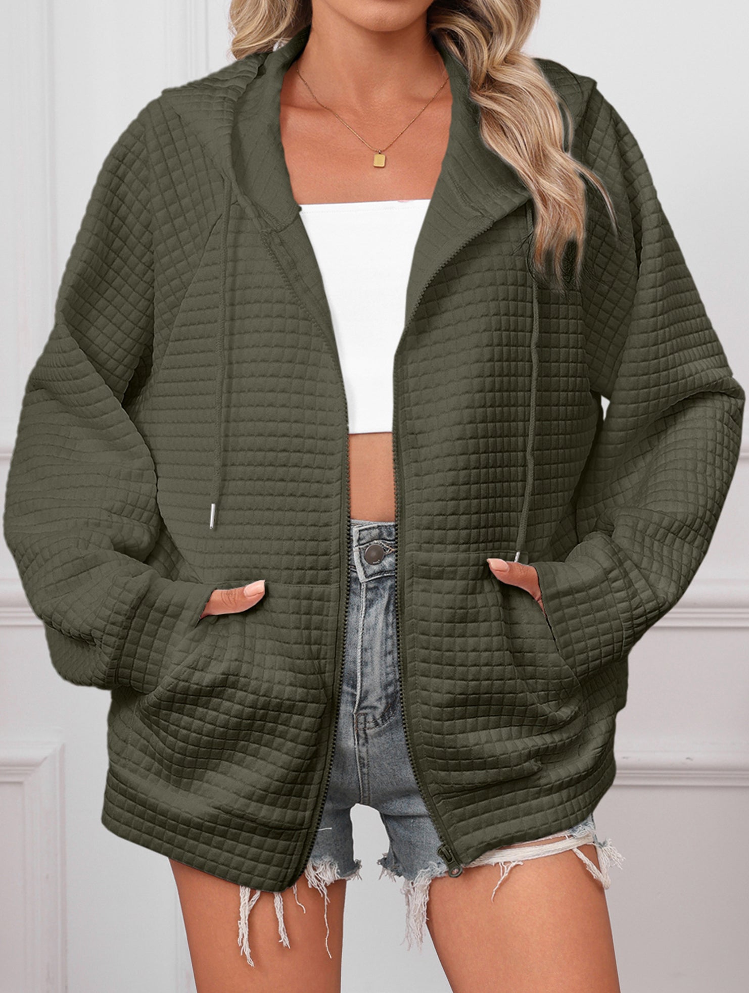 Waffle Zip Hooded Casual Jacket_CWOHOL00812