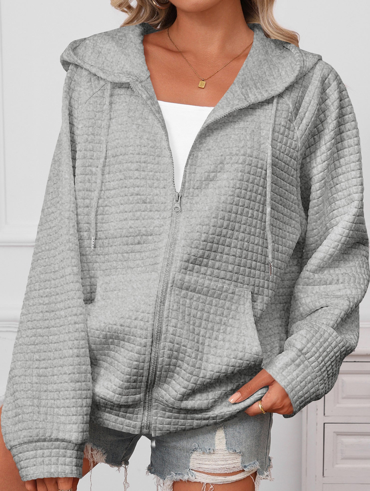 Waffle Zip Hooded Casual Jacket_CWOHOL00812