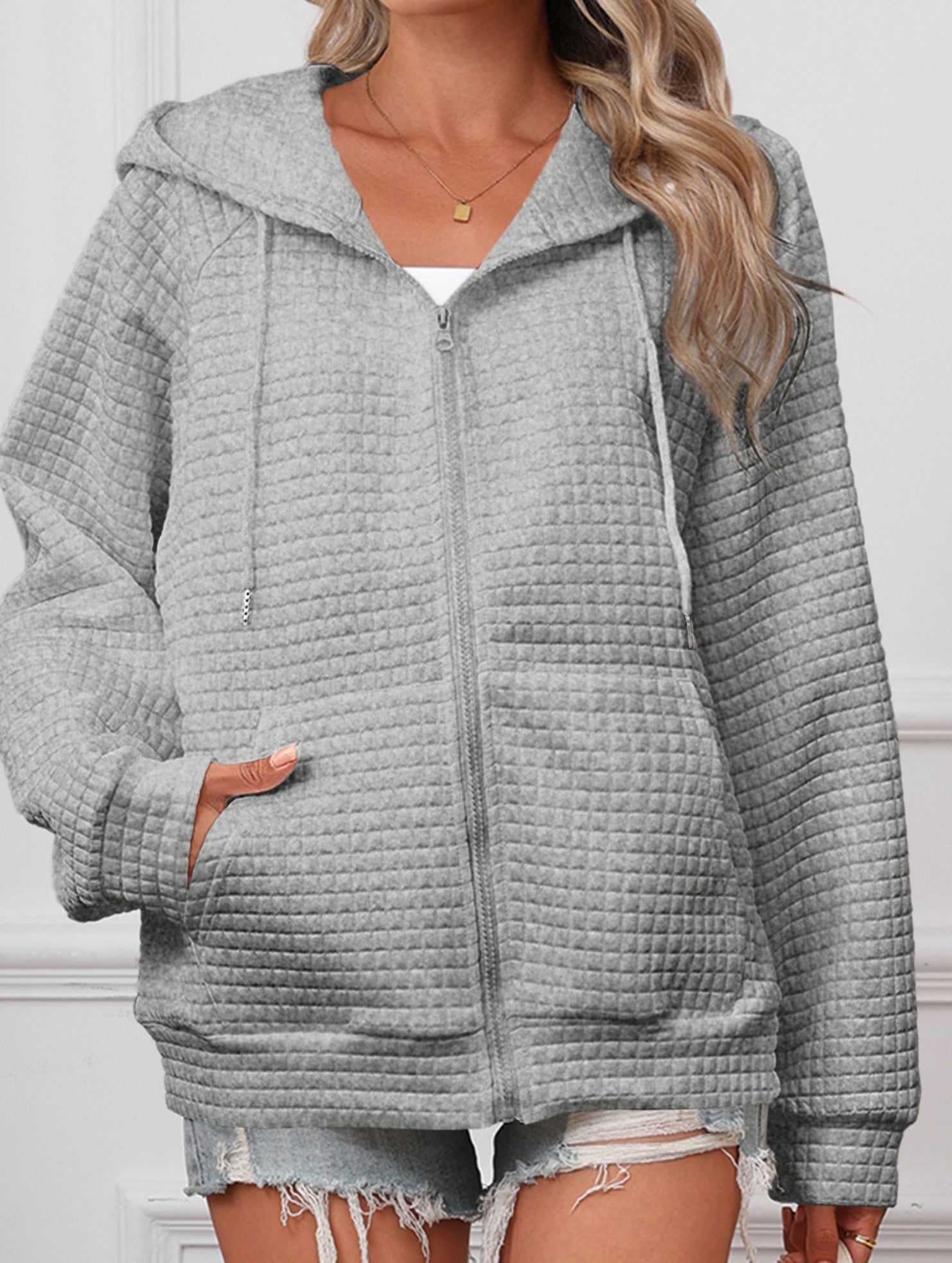 Waffle Zip Hooded Casual Jacket_CWOHOL00812
