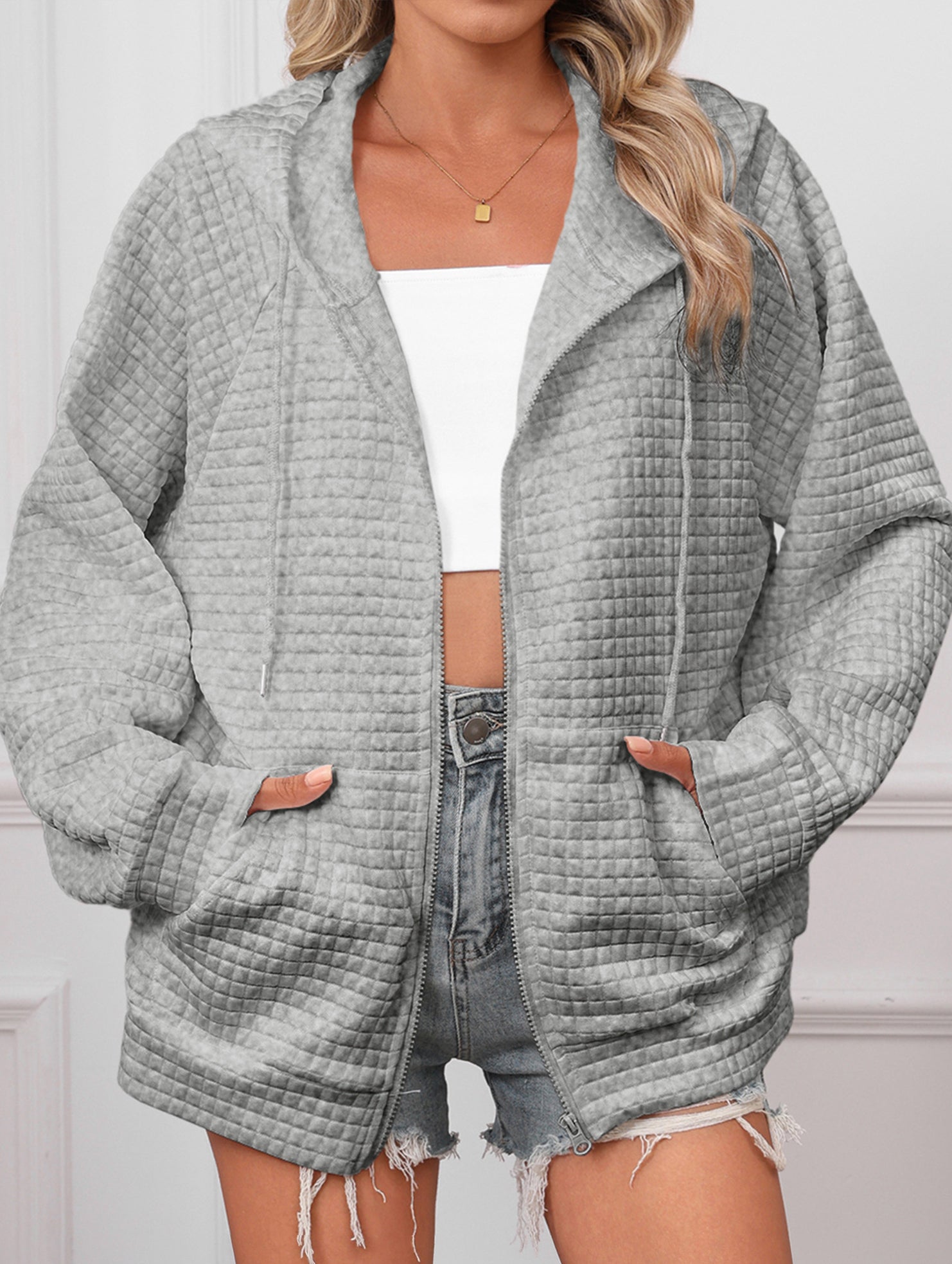 Waffle Zip Hooded Casual Jacket_CWOHOL00812
