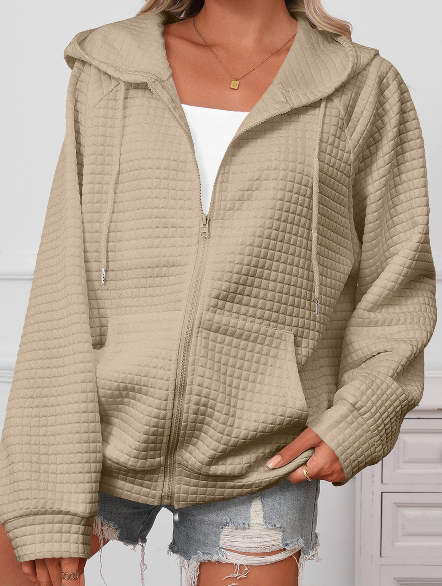 Waffle Zip Hooded Casual Jacket_CWOHOL00812