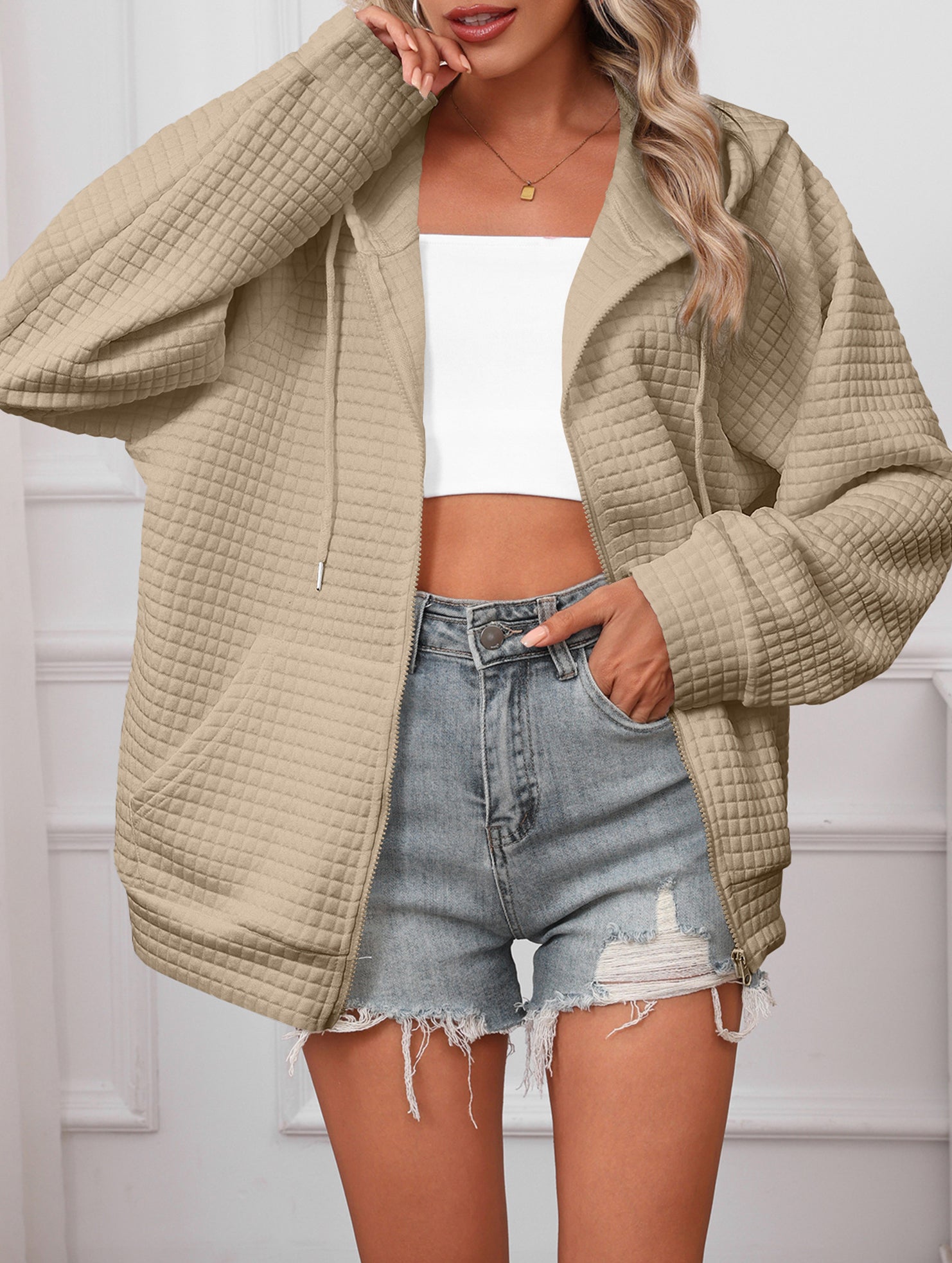 Waffle Zip Hooded Casual Jacket_CWOHOL00812
