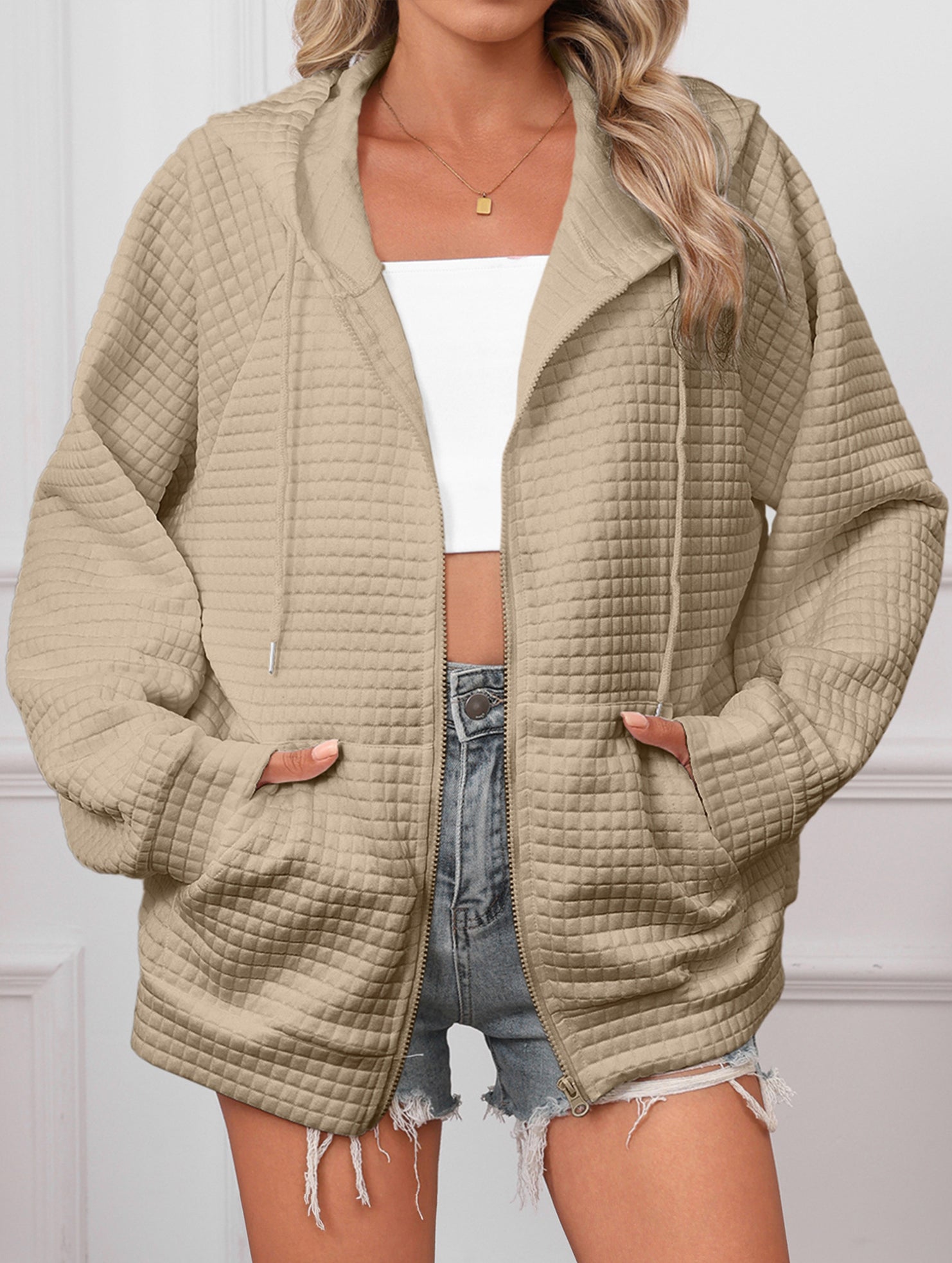 Waffle Zip Hooded Casual Jacket_CWOHOL00812
