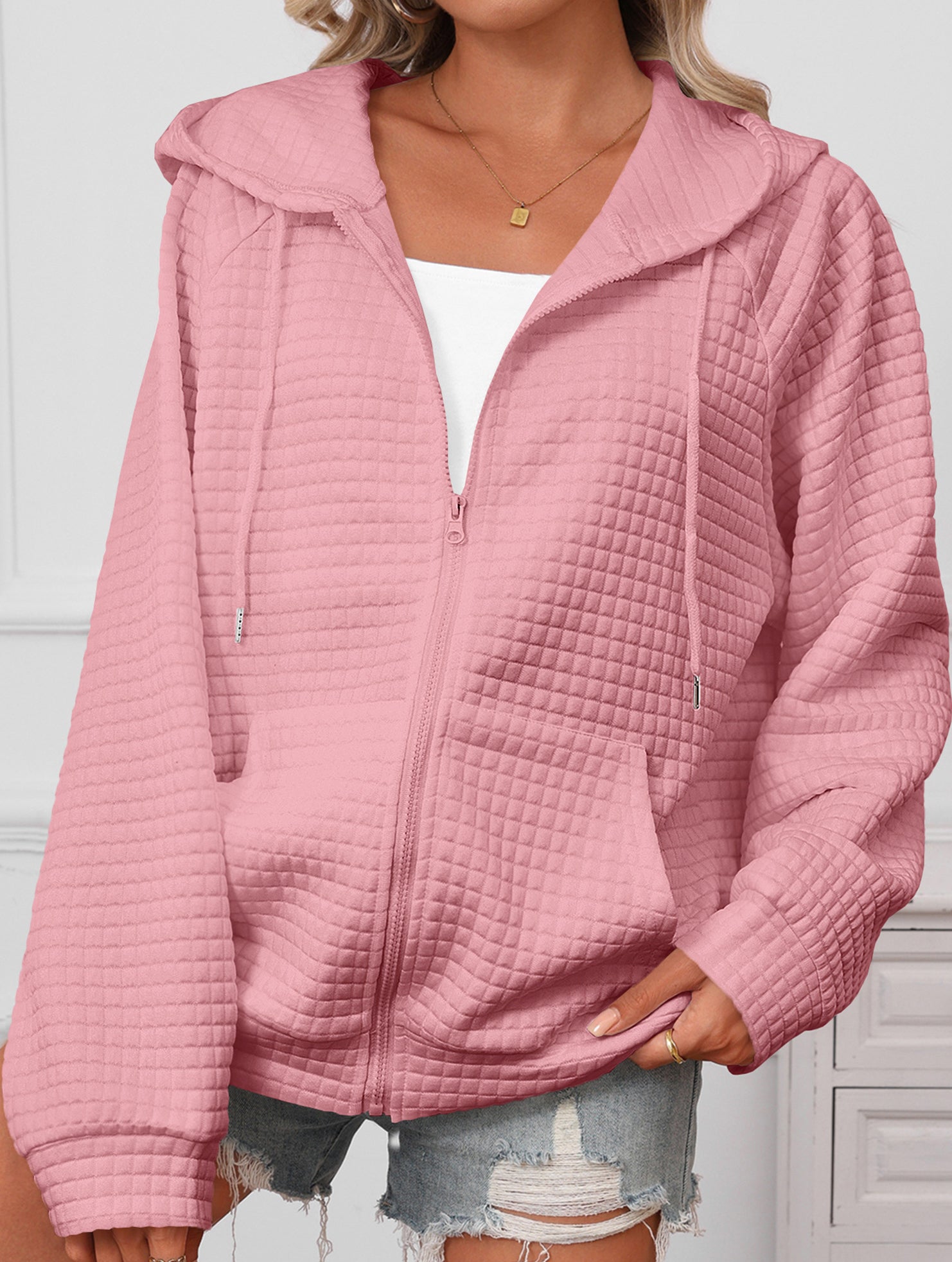 Waffle Zip Hooded Casual Jacket_CWOHOL00812