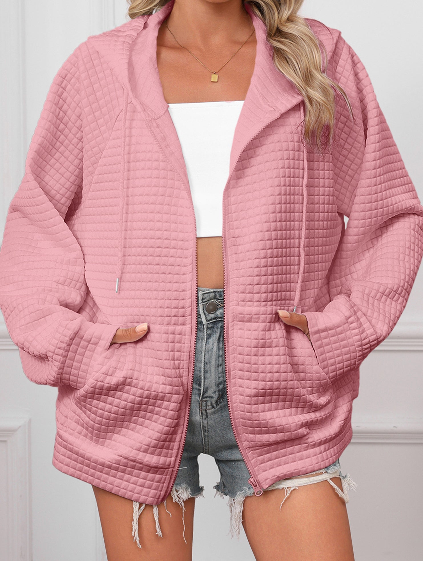 Waffle Zip Hooded Casual Jacket_CWOHOL00812