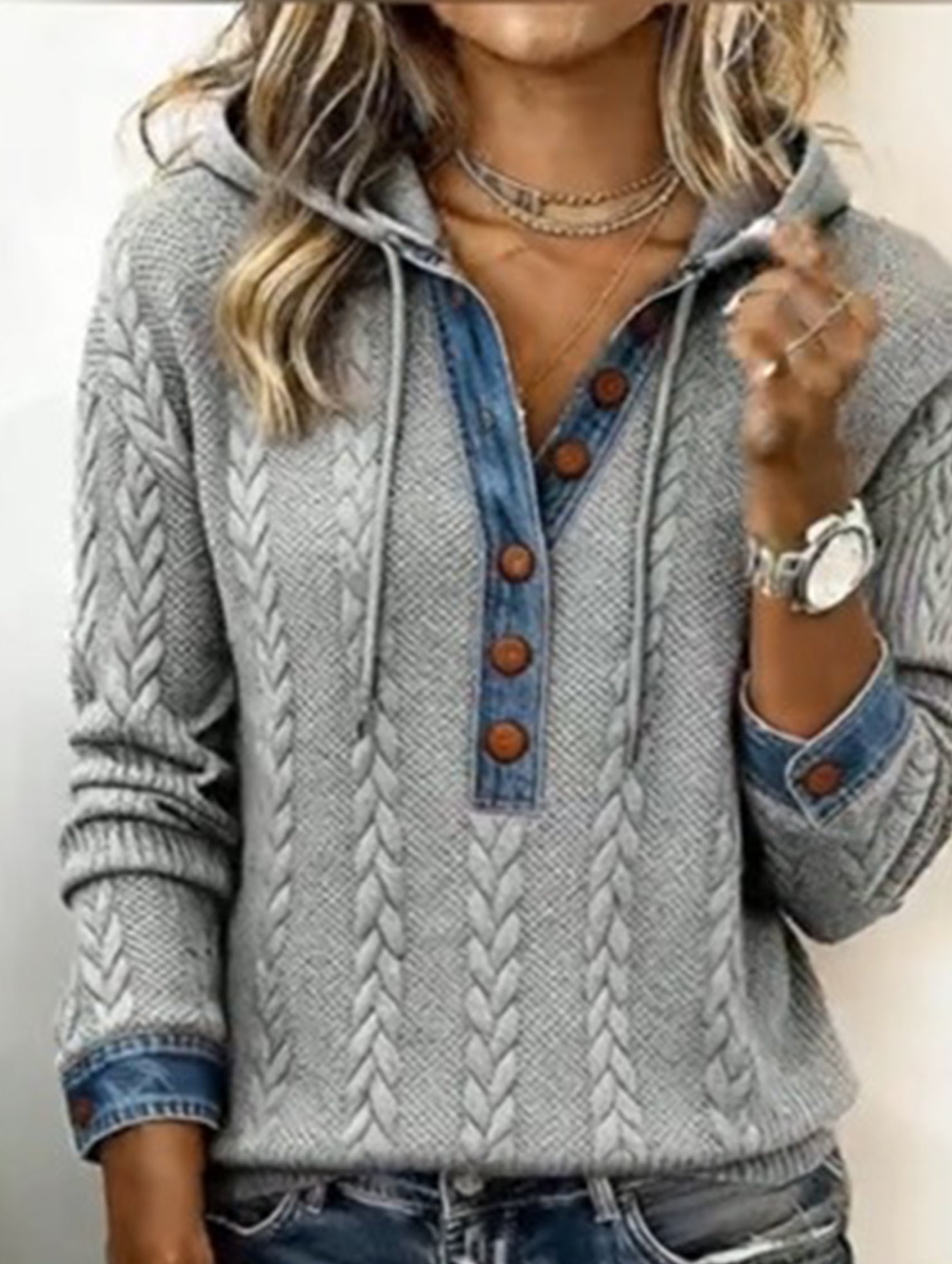 Cable Knit Sweatshirt with Washed Denim Patch_CWOHOL00815