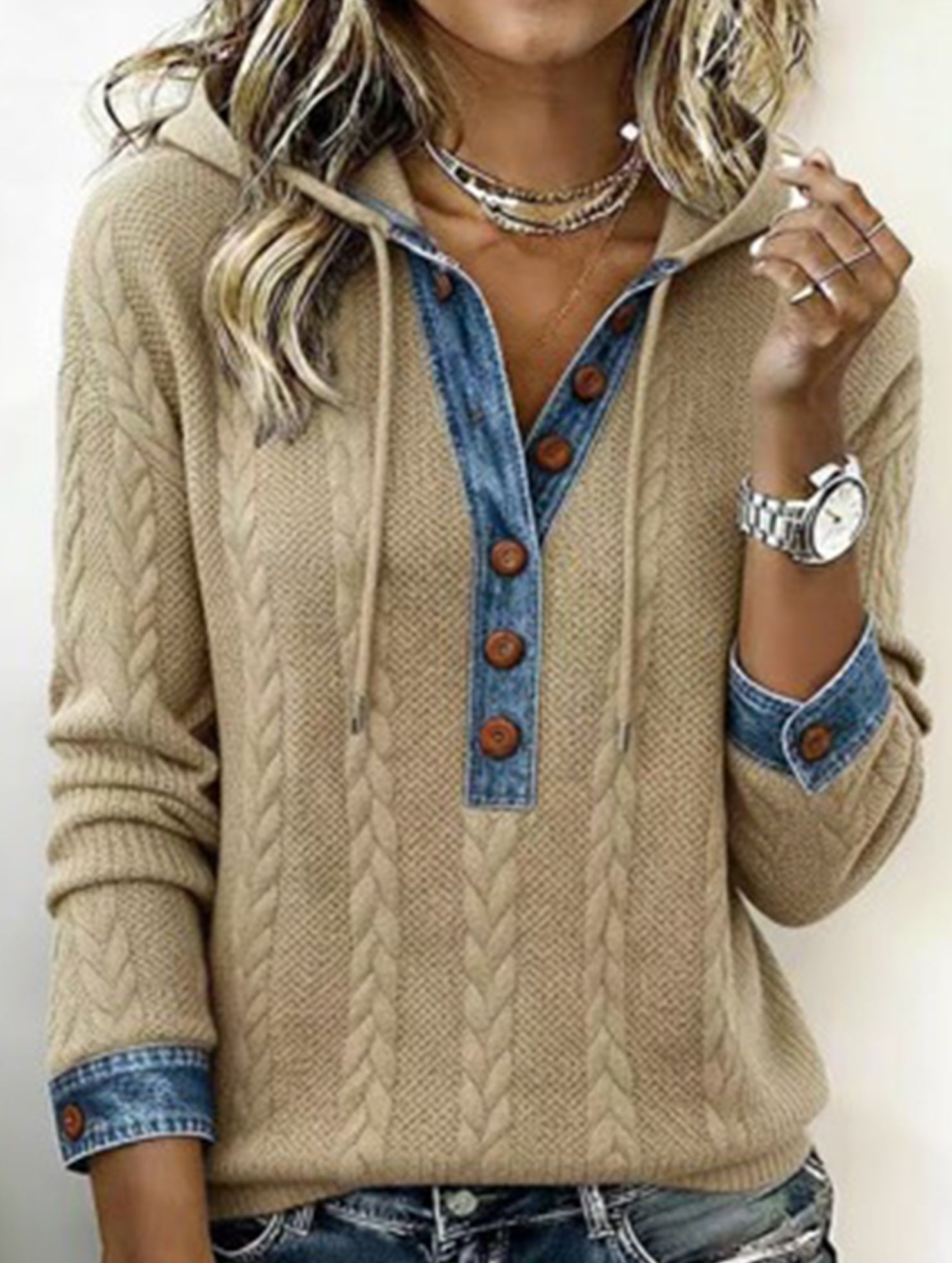 Cable Knit Sweatshirt with Washed Denim Patch_CWOHOL00815