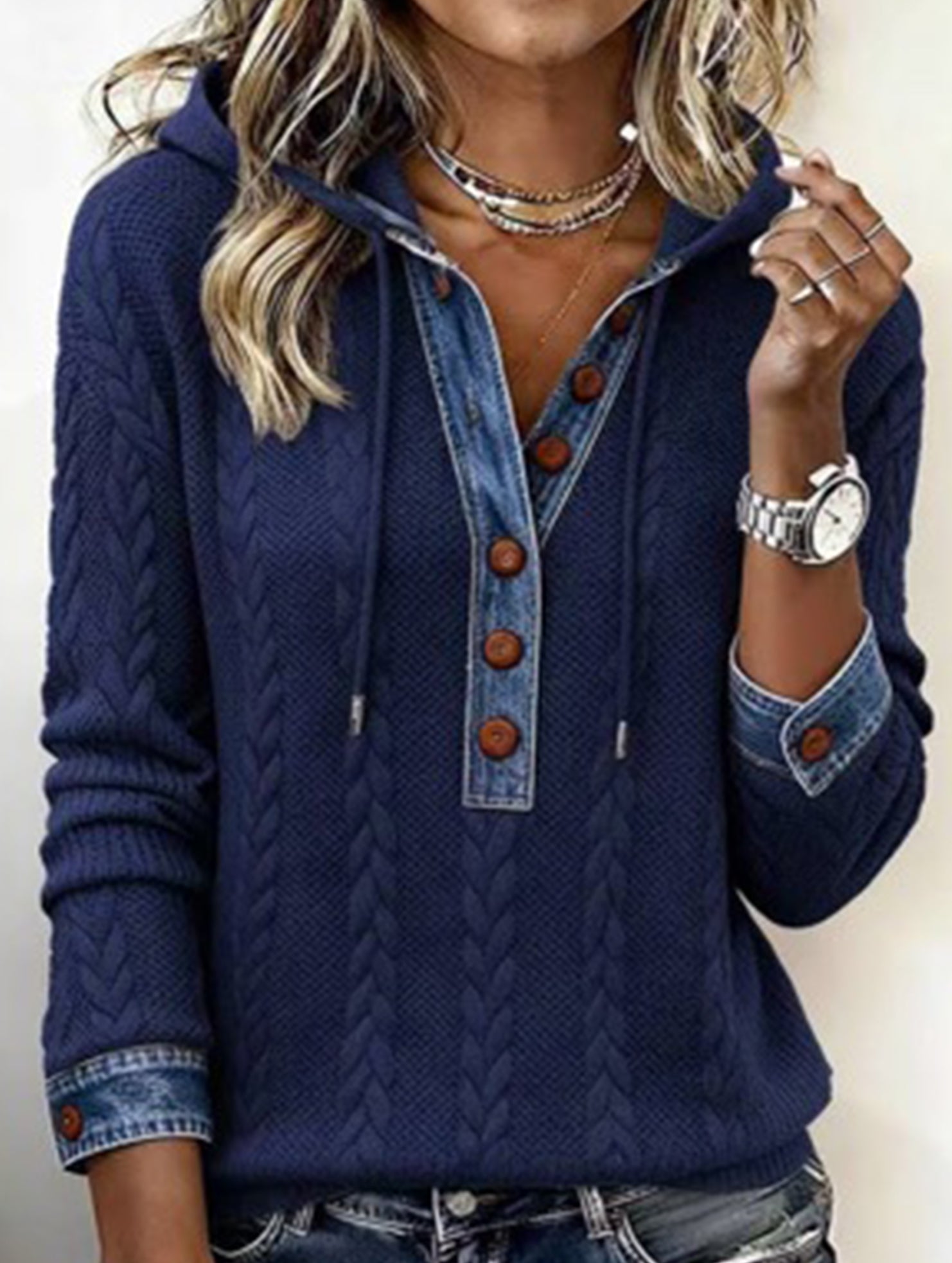 Cable Knit Sweatshirt with Washed Denim Patch_CWOHOL00815